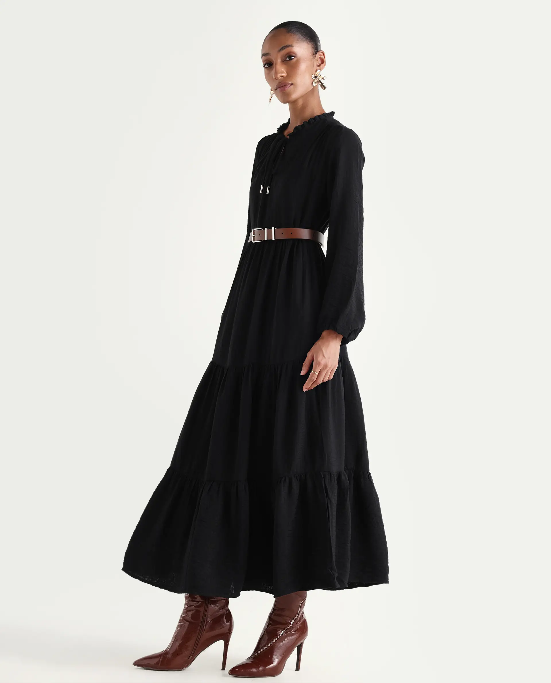 Rareism Women's Carlia Black Viscose Blend Full Sleeve Flared Plain Dress - Image 5