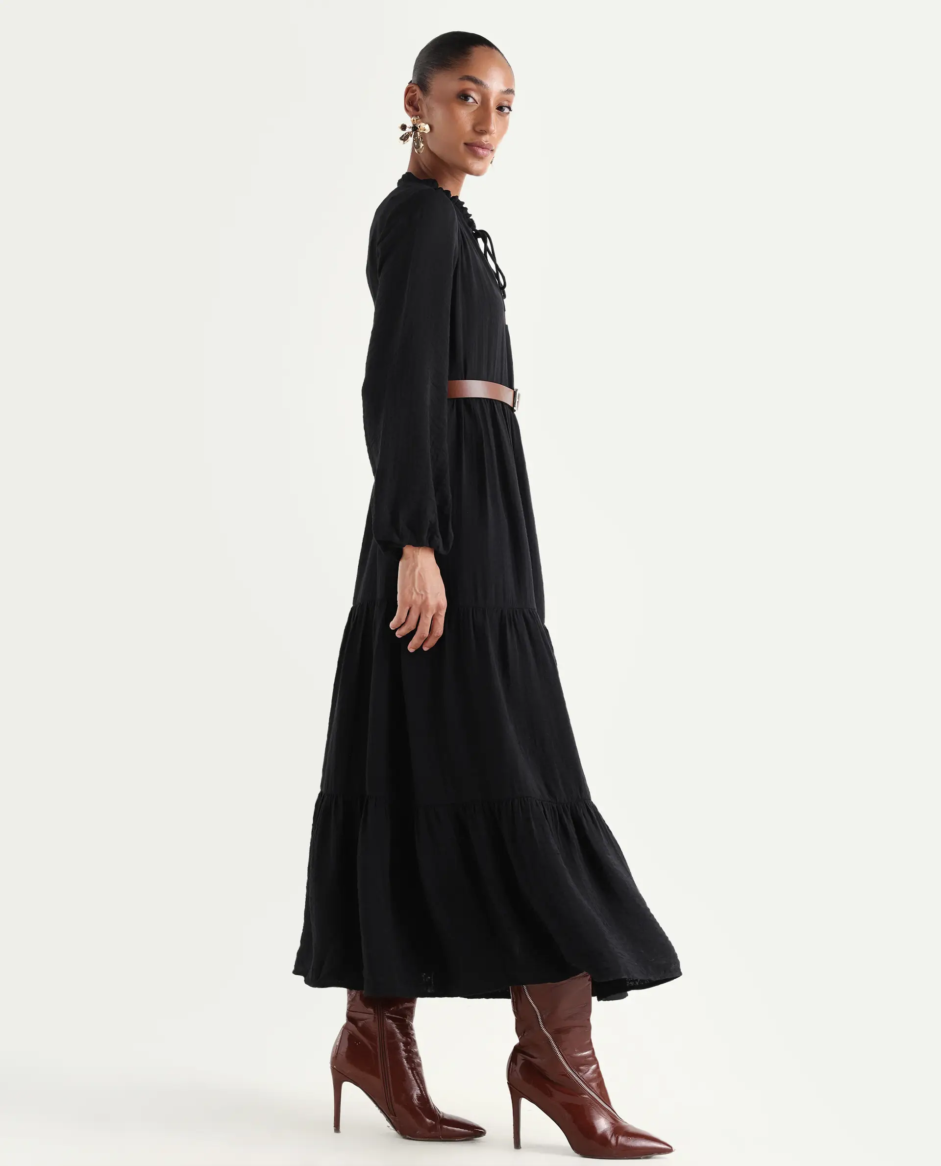 Rareism Women's Carlia Black Viscose Blend Full Sleeve Flared Plain Dress - Image 6