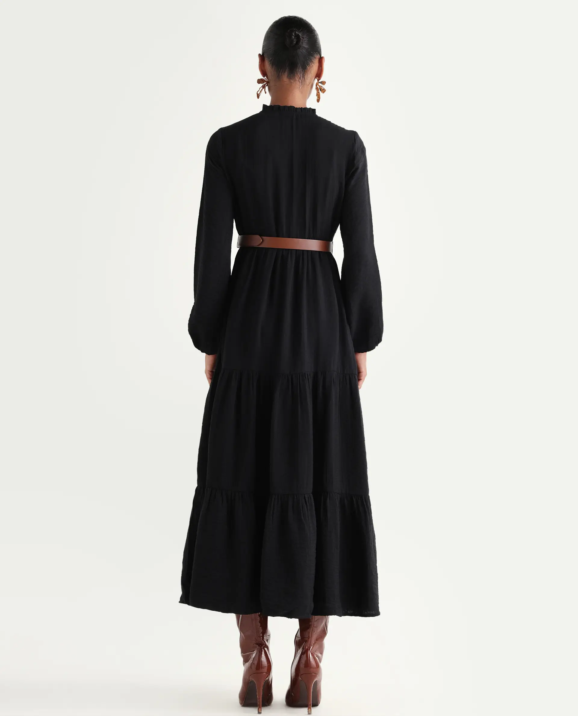 Rareism Women's Carlia Black Viscose Blend Full Sleeve Flared Plain Dress - Image 7