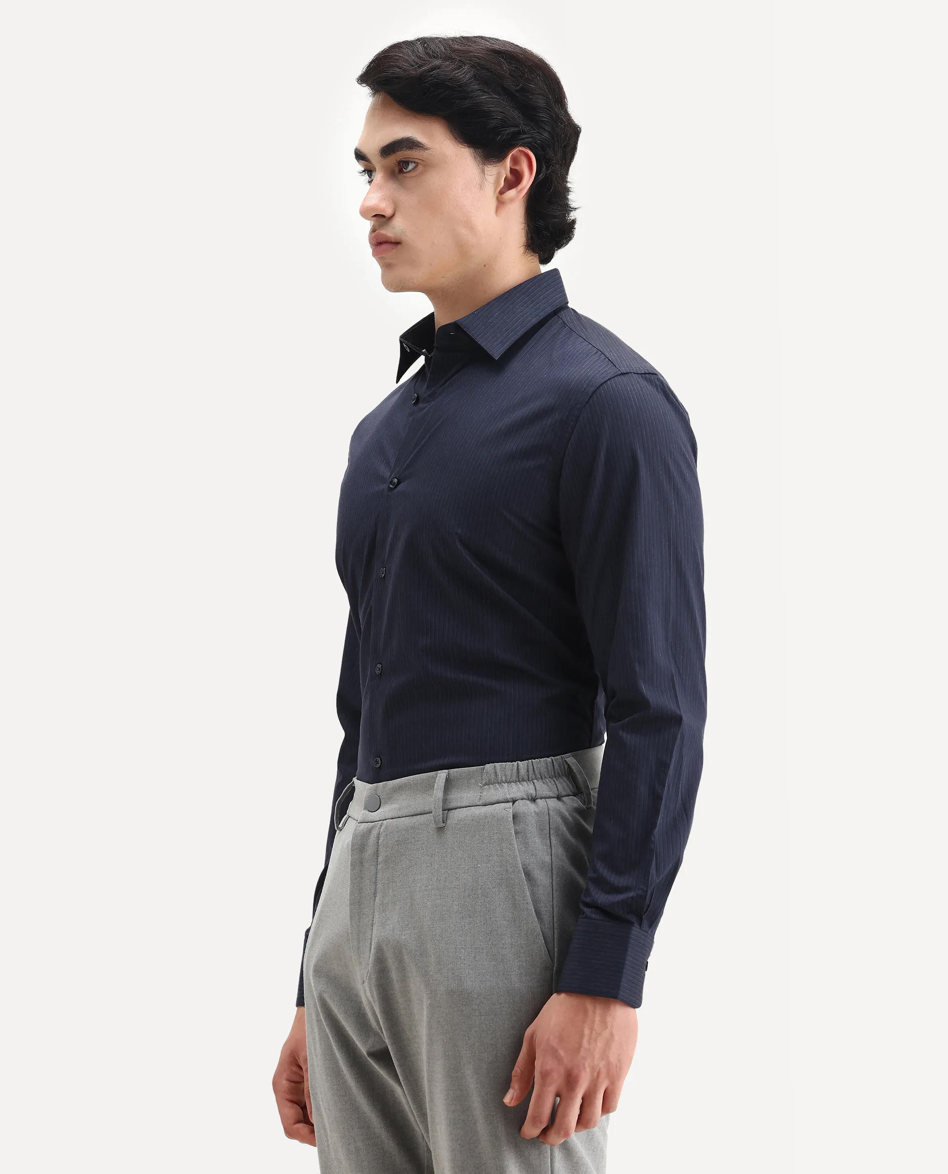 Rare Rabbit Men's Carlin Navy Cotton Striped Print Regular Fit Full Sleeve Collared Shirt - Image 4