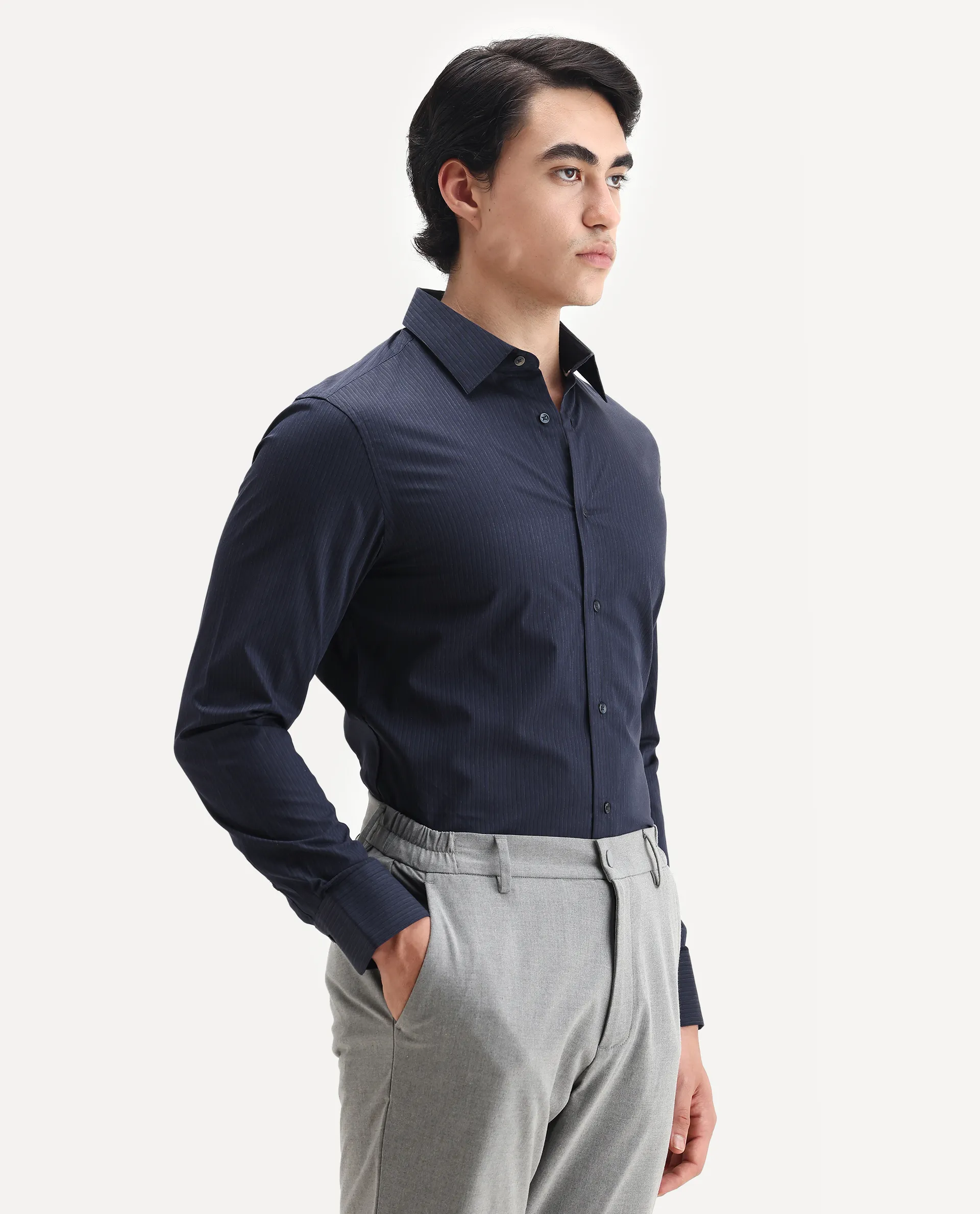 Rare Rabbit Men's Carlin Navy Cotton Striped Print Regular Fit Full Sleeve Collared Shirt - Image 5