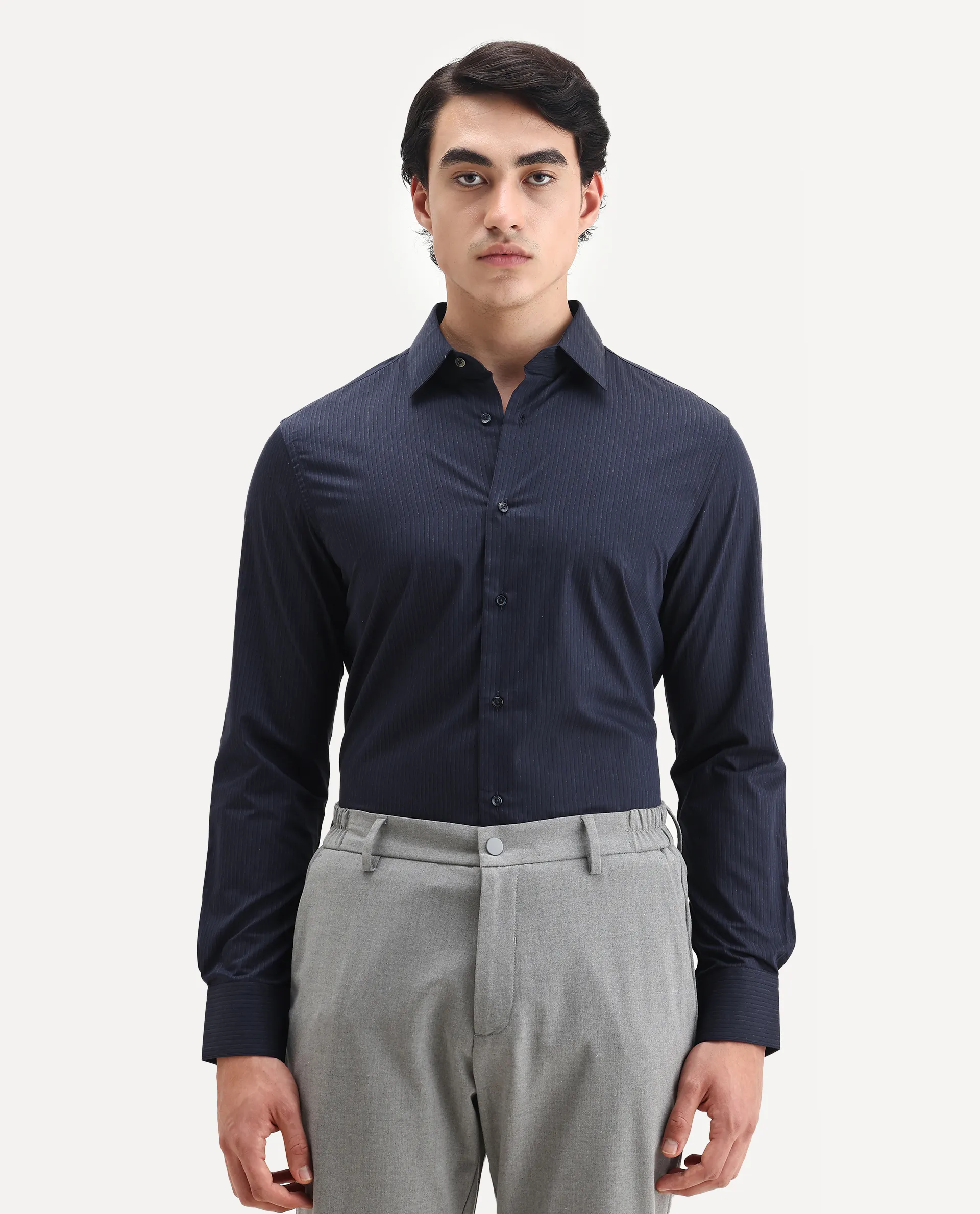 Rare Rabbit Men's Carlin Navy Cotton Striped Print Regular Fit Full Sleeve Collared Shirt - Image 6