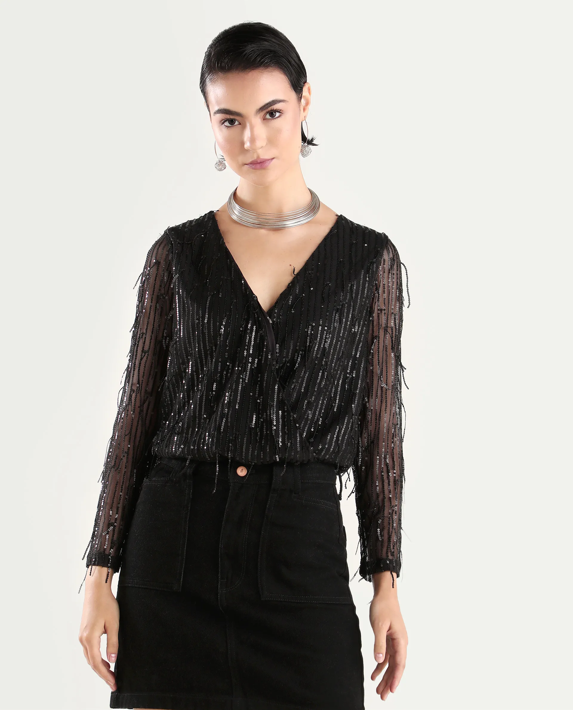 Rareism Women's Carm Metallic Black V-Neck Plain Relaxed Fit Top - Image 3