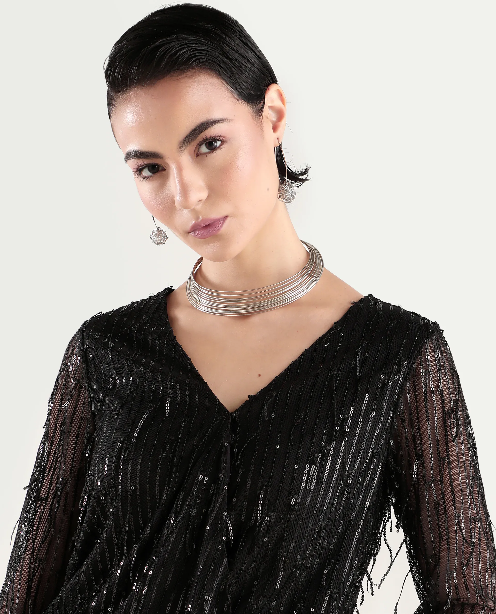 Rareism Women's Carm Metallic Black V-Neck Plain Relaxed Fit Top - Image 4