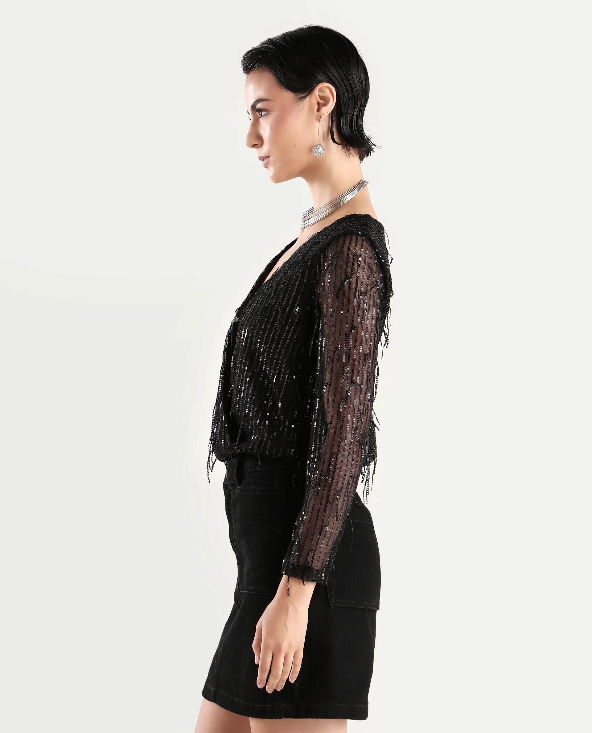 Rareism Women's Carm Metallic Black V-Neck Plain Relaxed Fit Top - Image 5