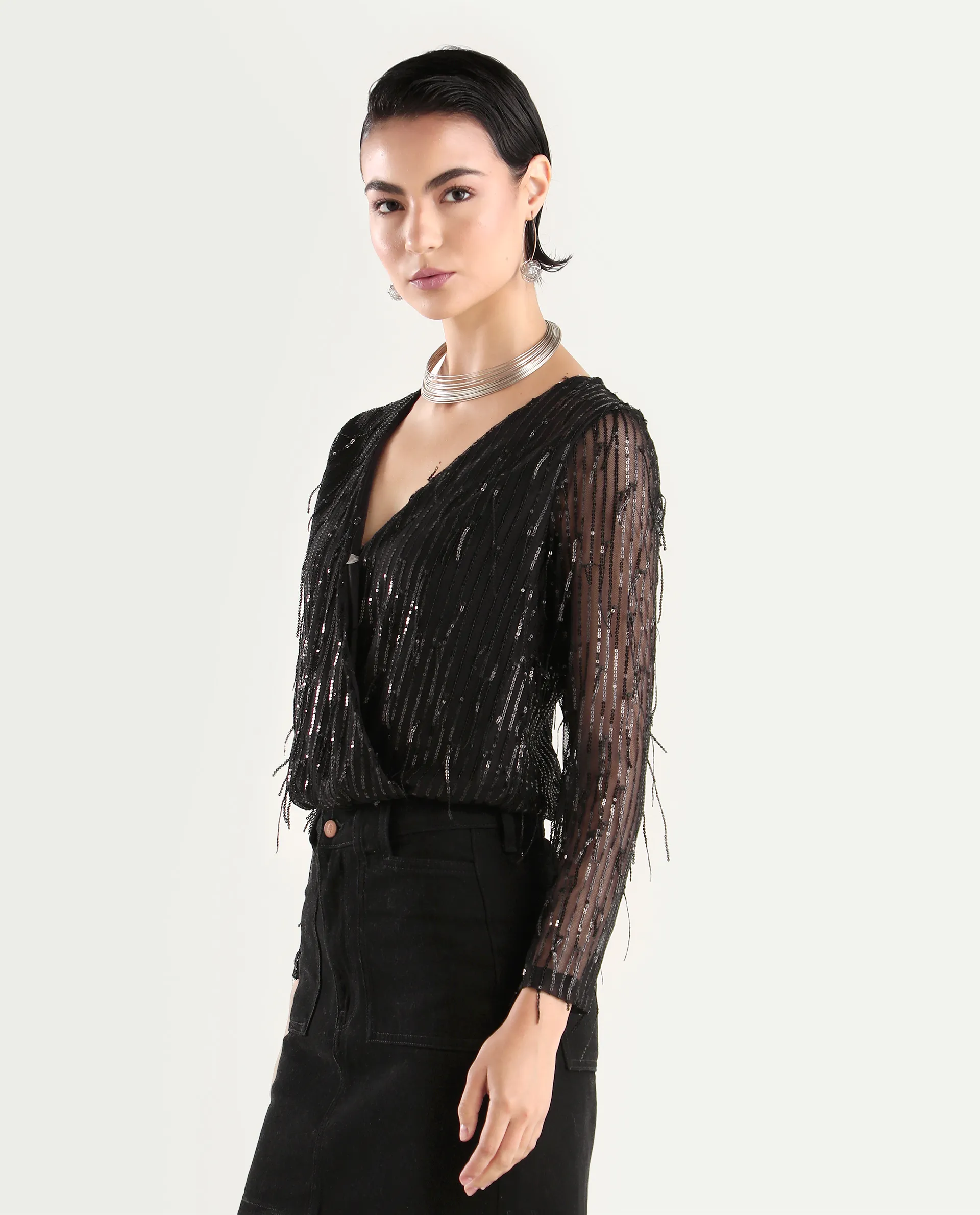 Rareism Women's Carm Metallic Black V-Neck Plain Relaxed Fit Top - Image 6