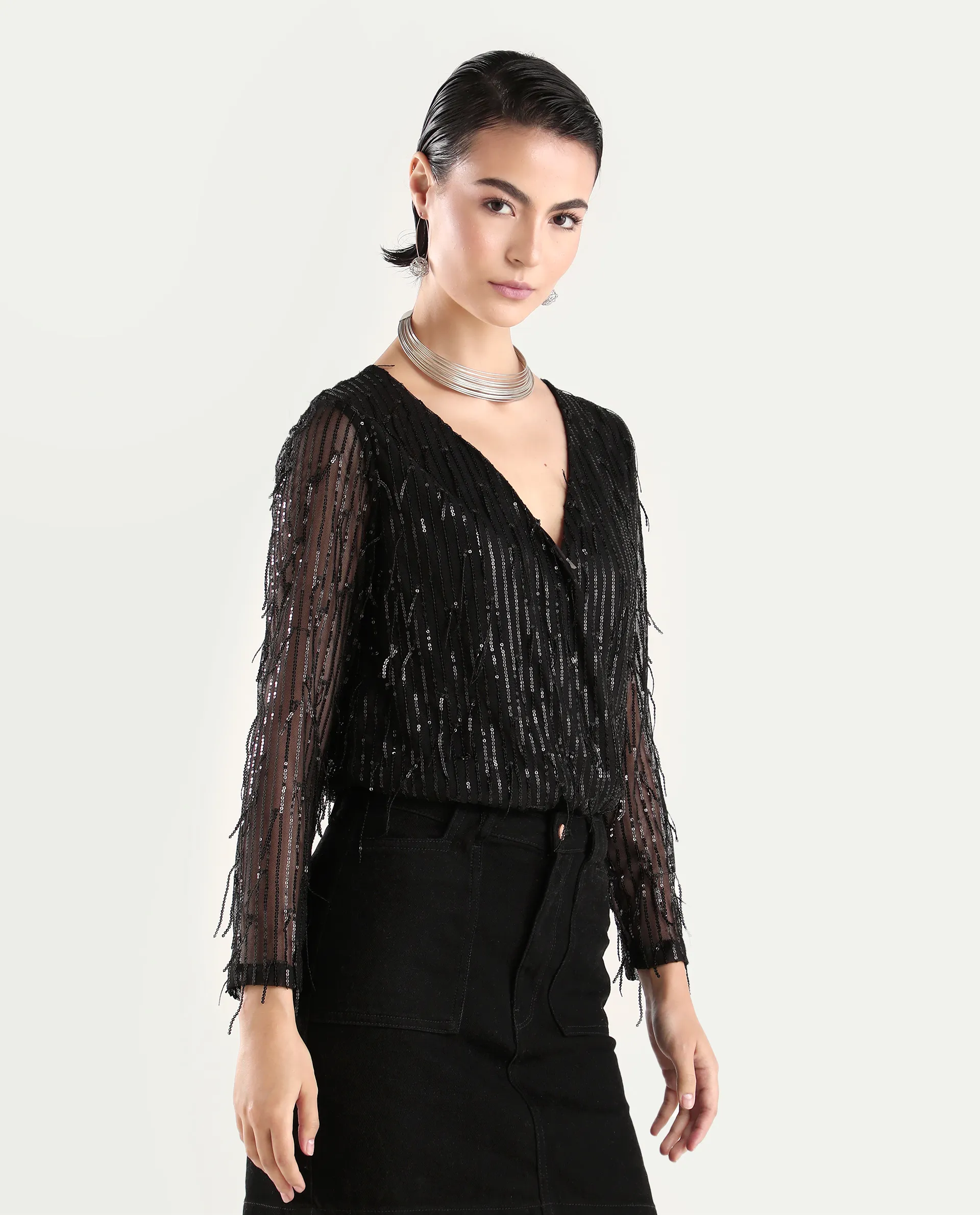 Rareism Women's Carm Metallic Black V-Neck Plain Relaxed Fit Top - Image 7
