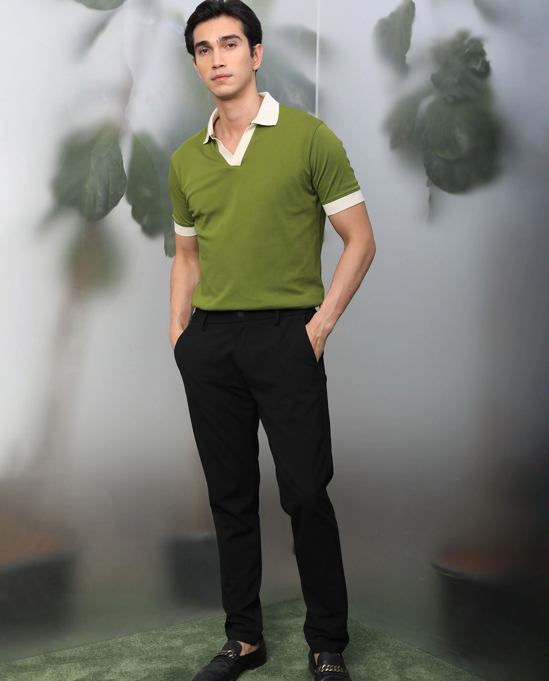 Rare Rabbit Men's Carmelo Olive Cotton Plain Slim Fit Half Sleeve Polo - Image 2