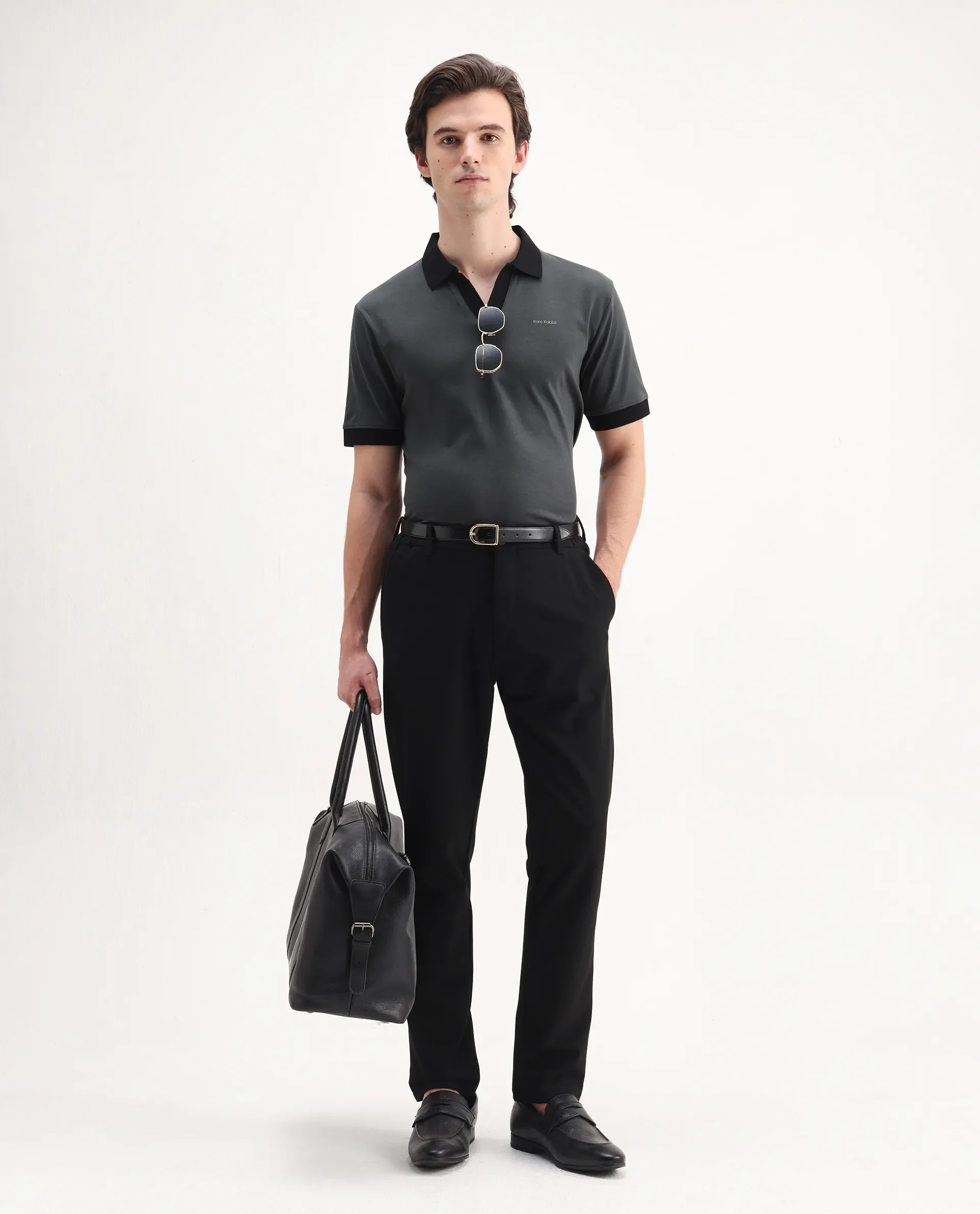 Rare Rabbit Men's Carmelon Dark Grey Cotton Plain Regular Fit Half Sleeve Polo - Image 2