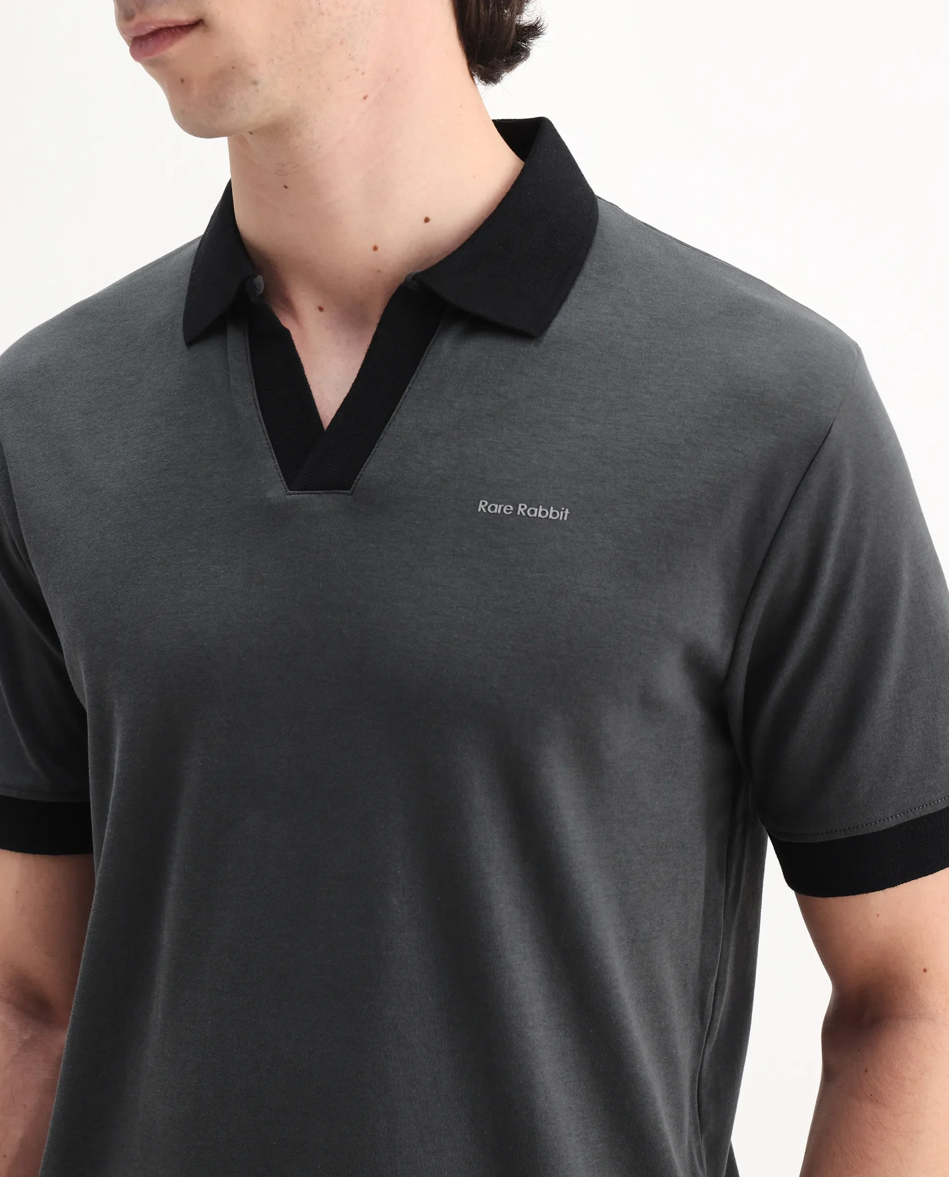 Rare Rabbit Men's Carmelon Dark Grey Cotton Plain Regular Fit Half Sleeve Polo - Image 3