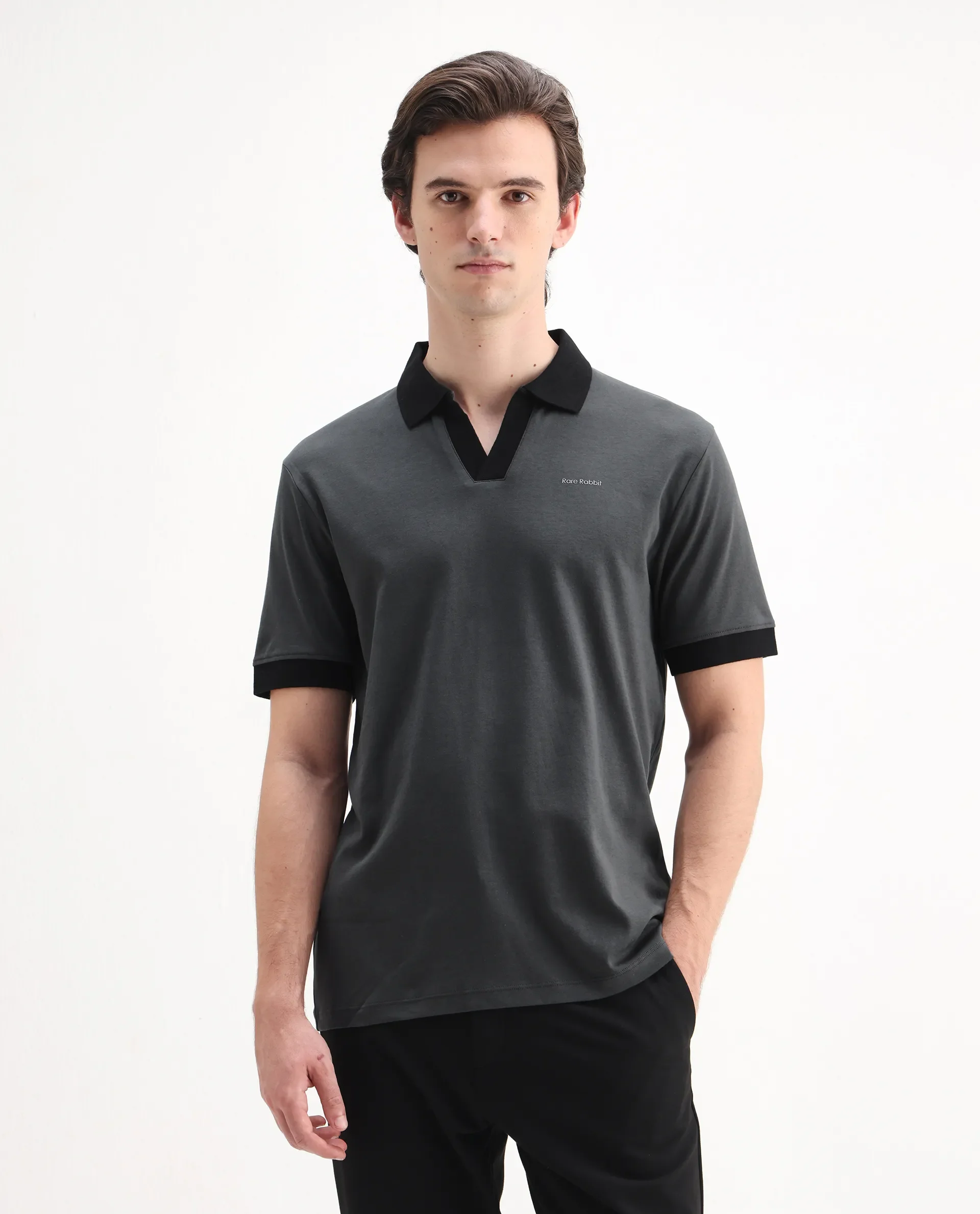 Rare Rabbit Men's Carmelon Dark Grey Cotton Plain Regular Fit Half Sleeve Polo - Image 4