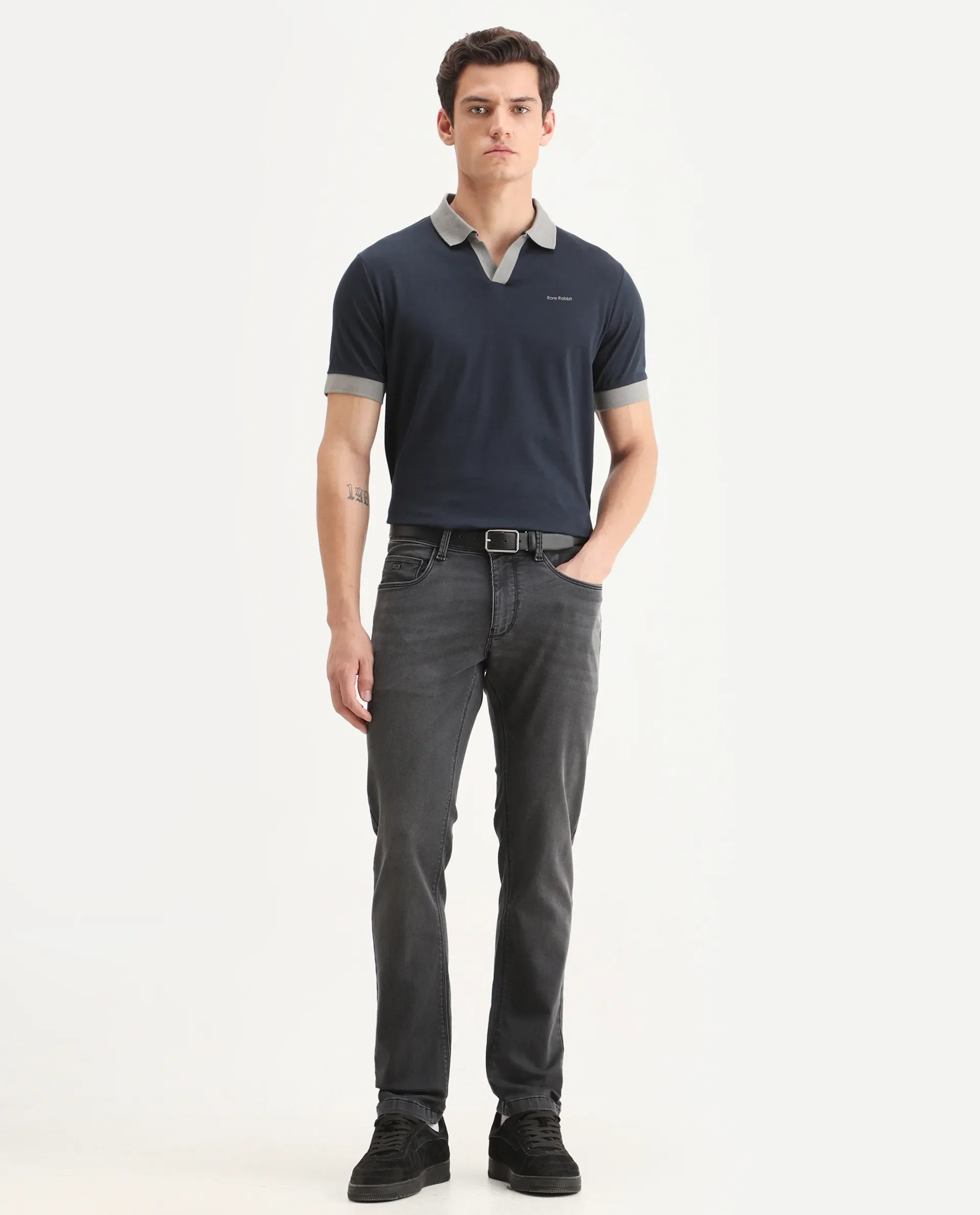 Rare Rabbit Men's Carmelon Navy Cotton Plain Regular Fit Half Sleeve Polo - Image 2