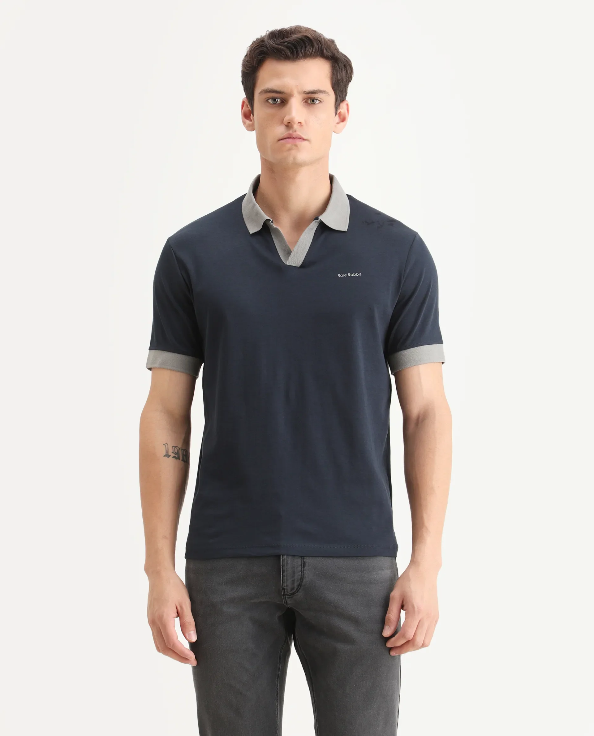 Rare Rabbit Men's Carmelon Navy Cotton Plain Regular Fit Half Sleeve Polo - Image 4