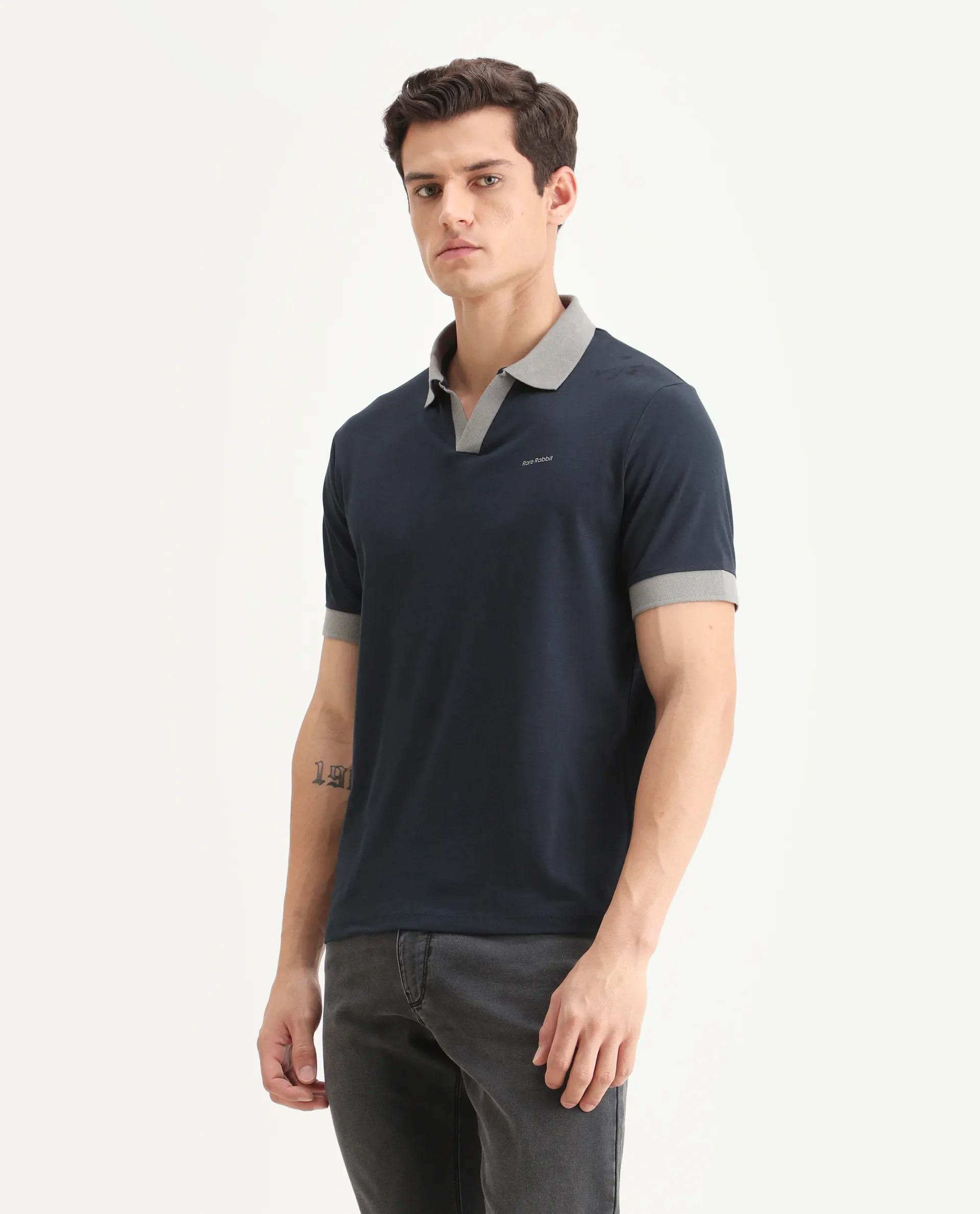 Rare Rabbit Men's Carmelon Navy Cotton Plain Regular Fit Half Sleeve Polo - Image 5