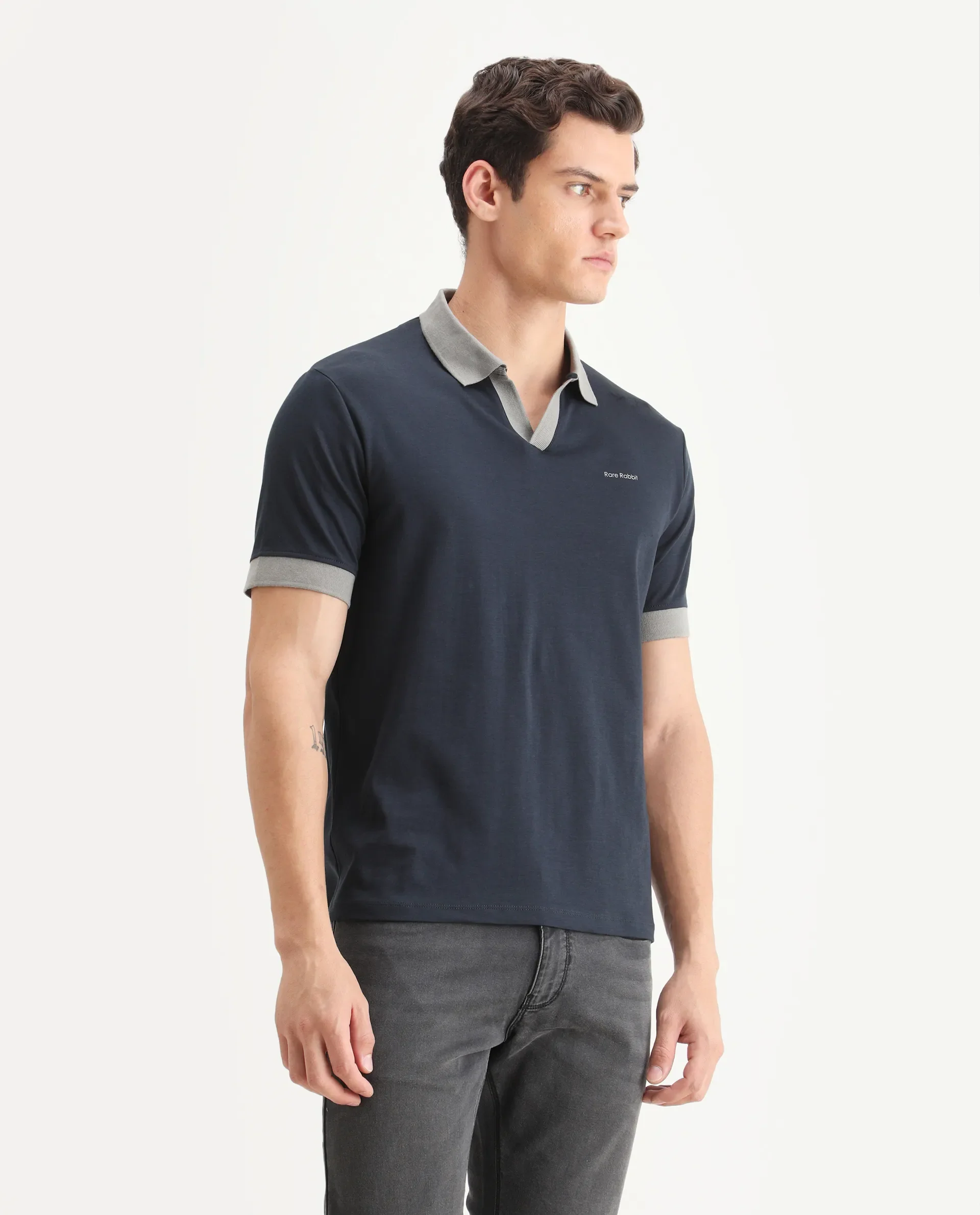 Rare Rabbit Men's Carmelon Navy Cotton Plain Regular Fit Half Sleeve Polo - Image 6