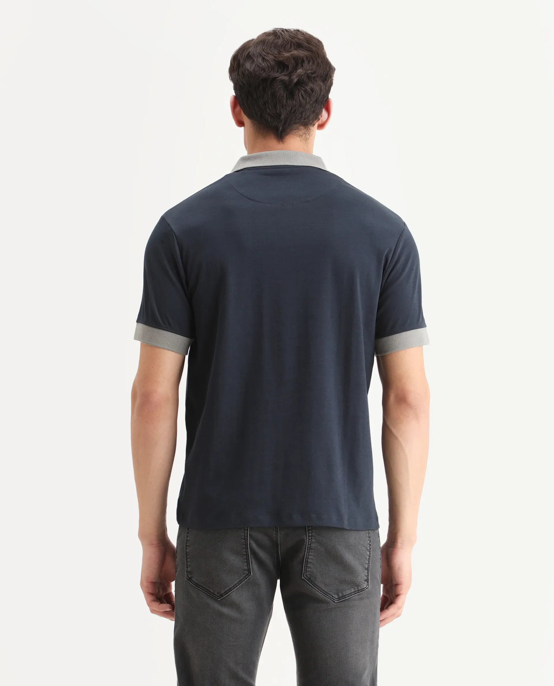 Rare Rabbit Men's Carmelon Navy Cotton Plain Regular Fit Half Sleeve Polo - Image 7