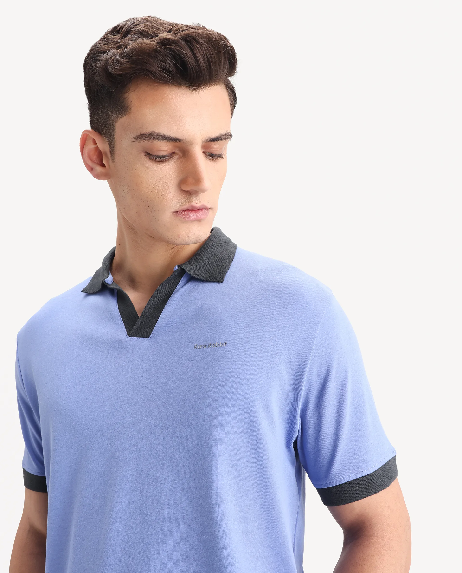 Rare Rabbit Men's Carmelon Pastel Blue Cotton Plain Regular Fit Half Sleeve Polo