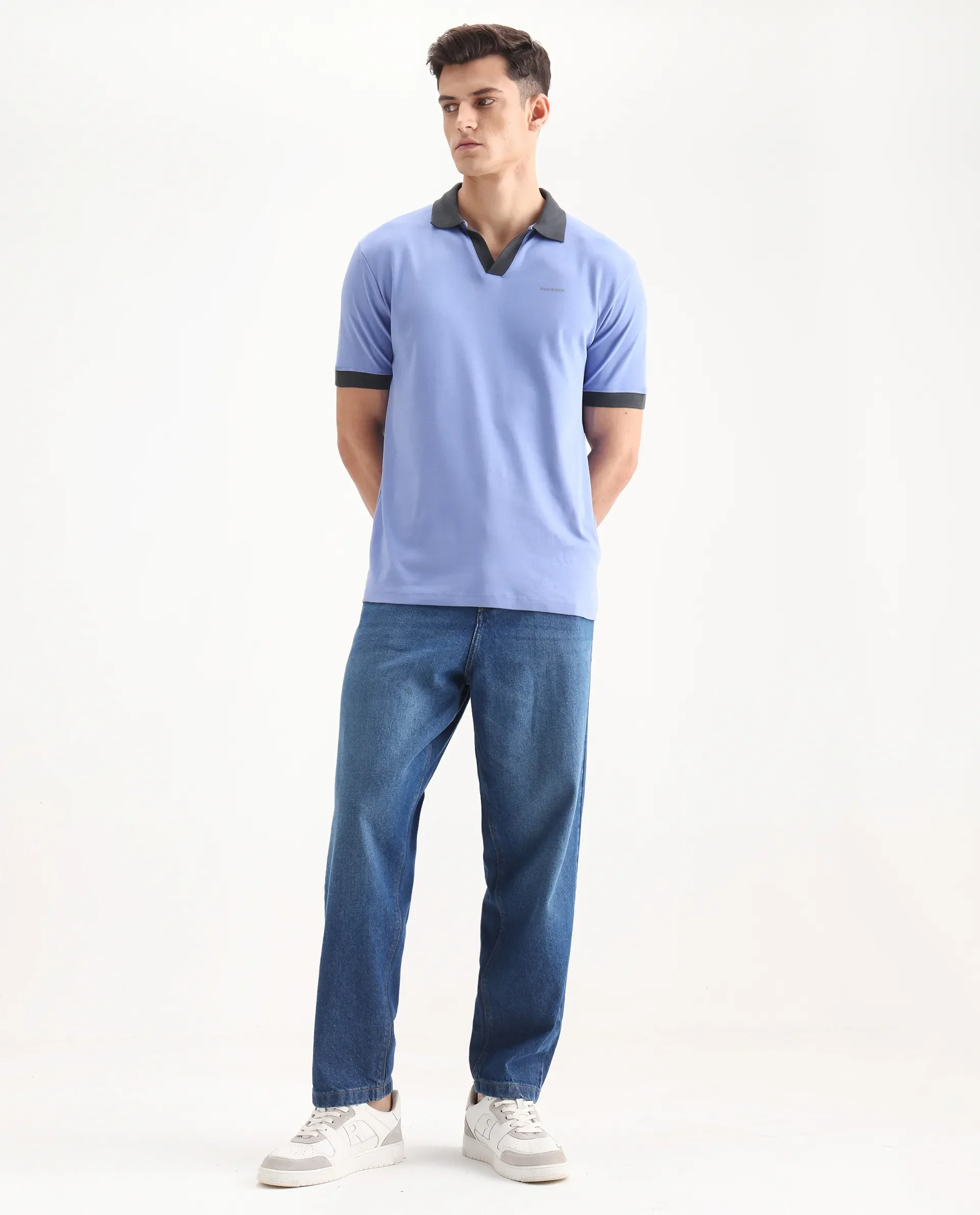 Rare Rabbit Men's Carmelon Pastel Blue Cotton Plain Regular Fit Half Sleeve Polo - Image 2