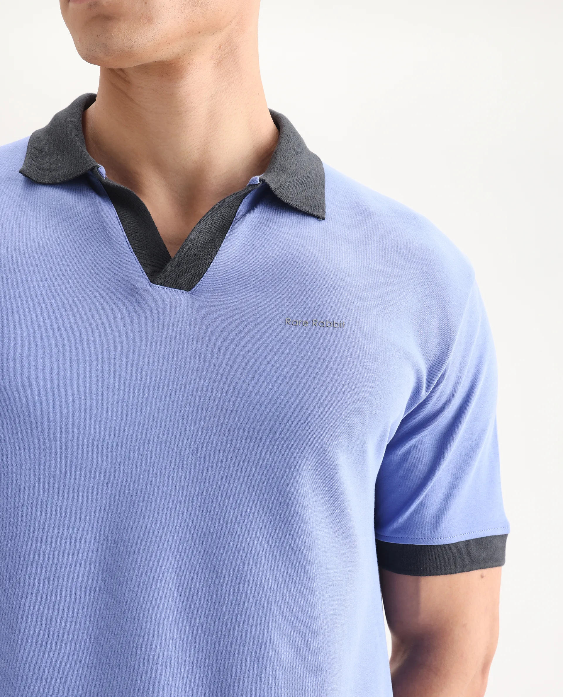 Rare Rabbit Men's Carmelon Pastel Blue Cotton Plain Regular Fit Half Sleeve Polo - Image 3