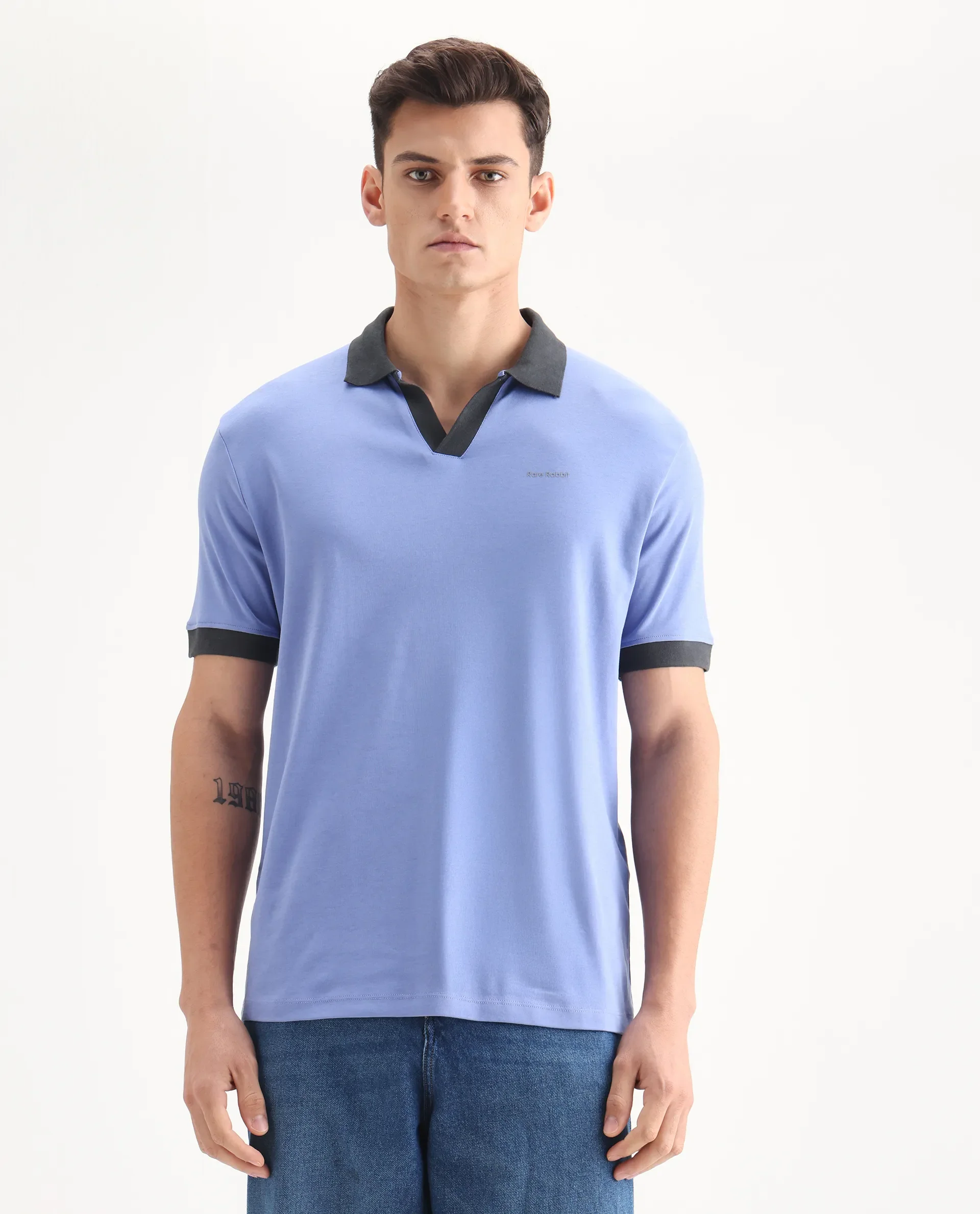 Rare Rabbit Men's Carmelon Pastel Blue Cotton Plain Regular Fit Half Sleeve Polo - Image 4