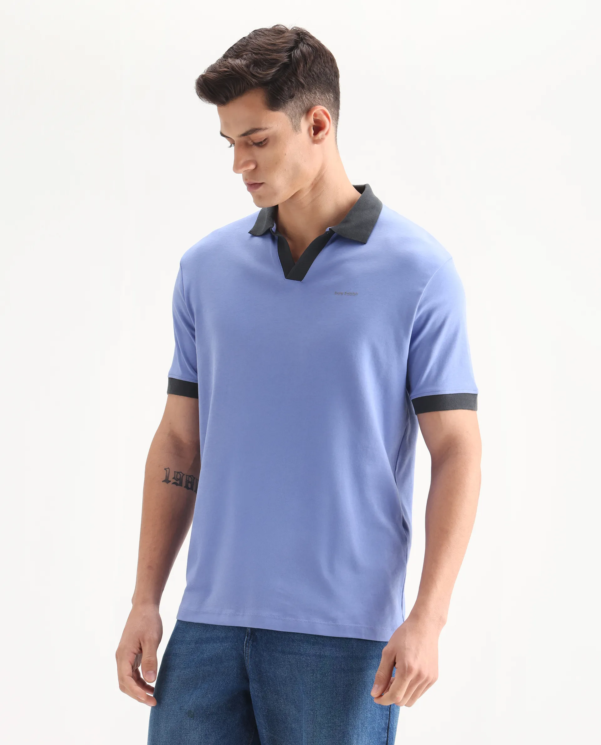 Rare Rabbit Men's Carmelon Pastel Blue Cotton Plain Regular Fit Half Sleeve Polo - Image 5