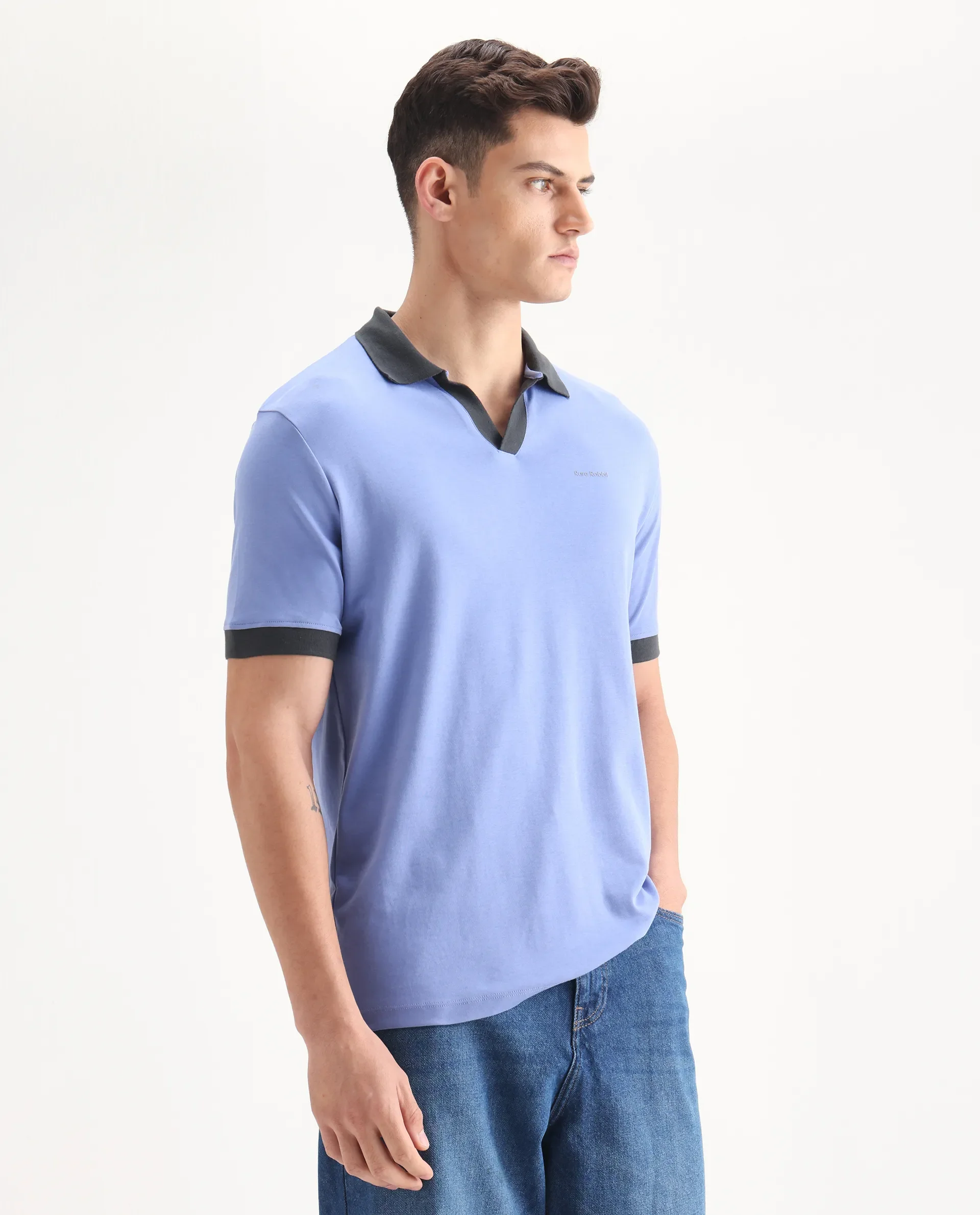 Rare Rabbit Men's Carmelon Pastel Blue Cotton Plain Regular Fit Half Sleeve Polo - Image 6