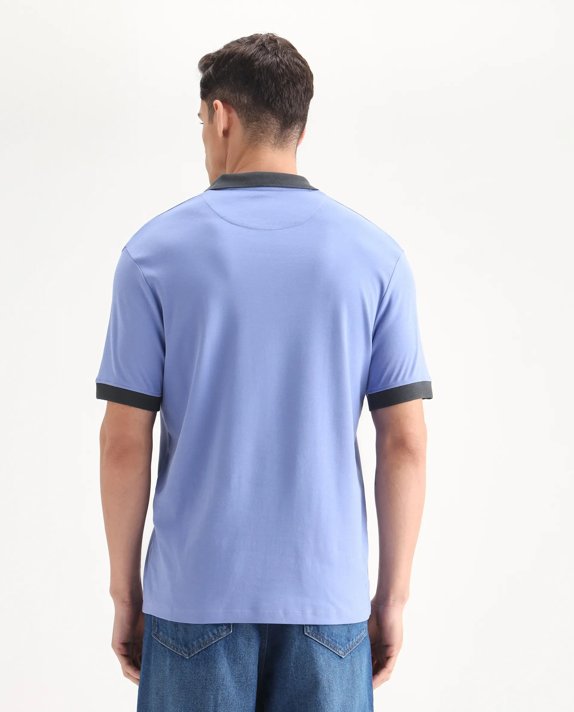 Rare Rabbit Men's Carmelon Pastel Blue Cotton Plain Regular Fit Half Sleeve Polo - Image 7
