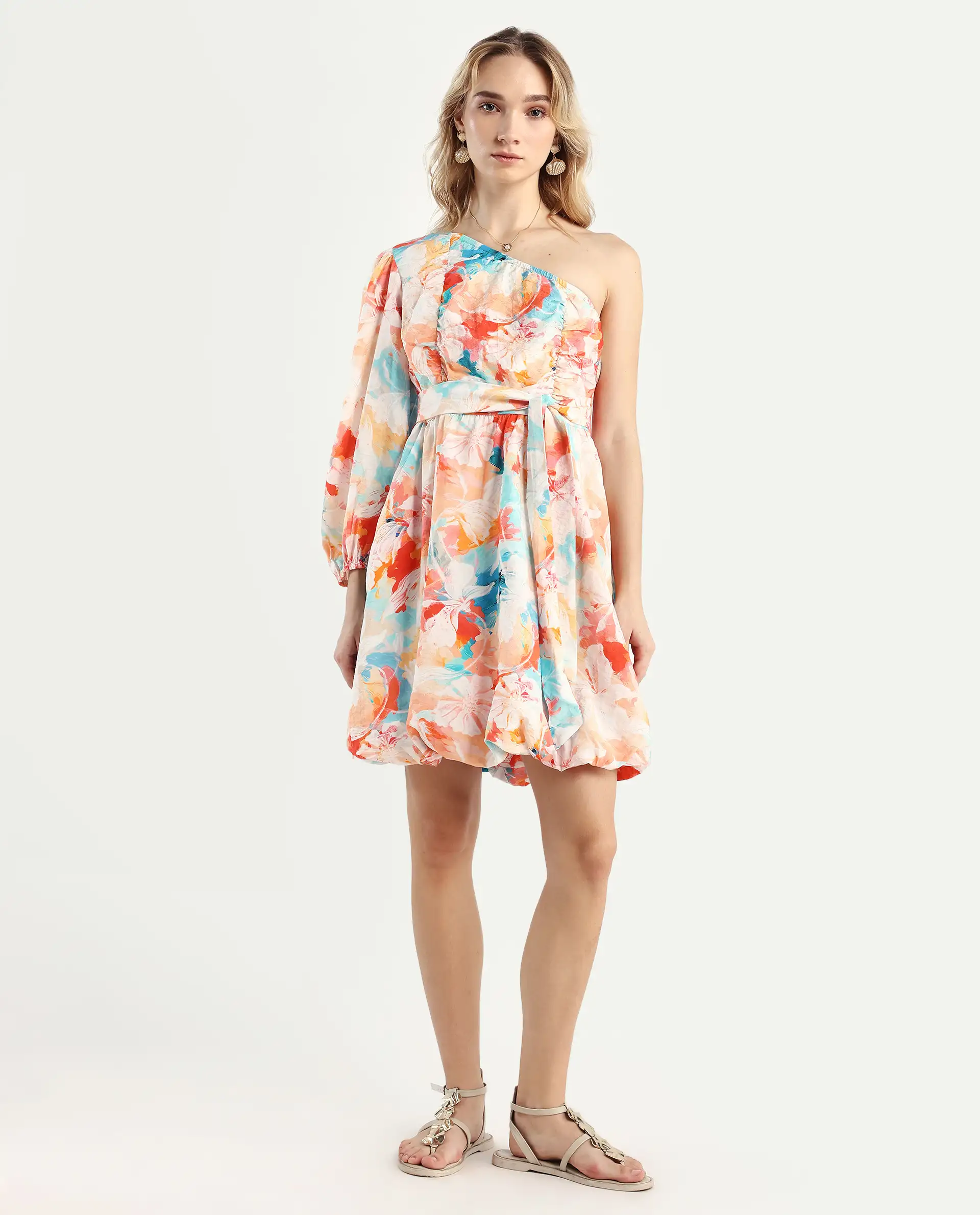 Rareism Women's Carmen Light Multi Nylon Blend One Shoulder Floral Print Bishop Sleeve Mini Fit And Flare Dress