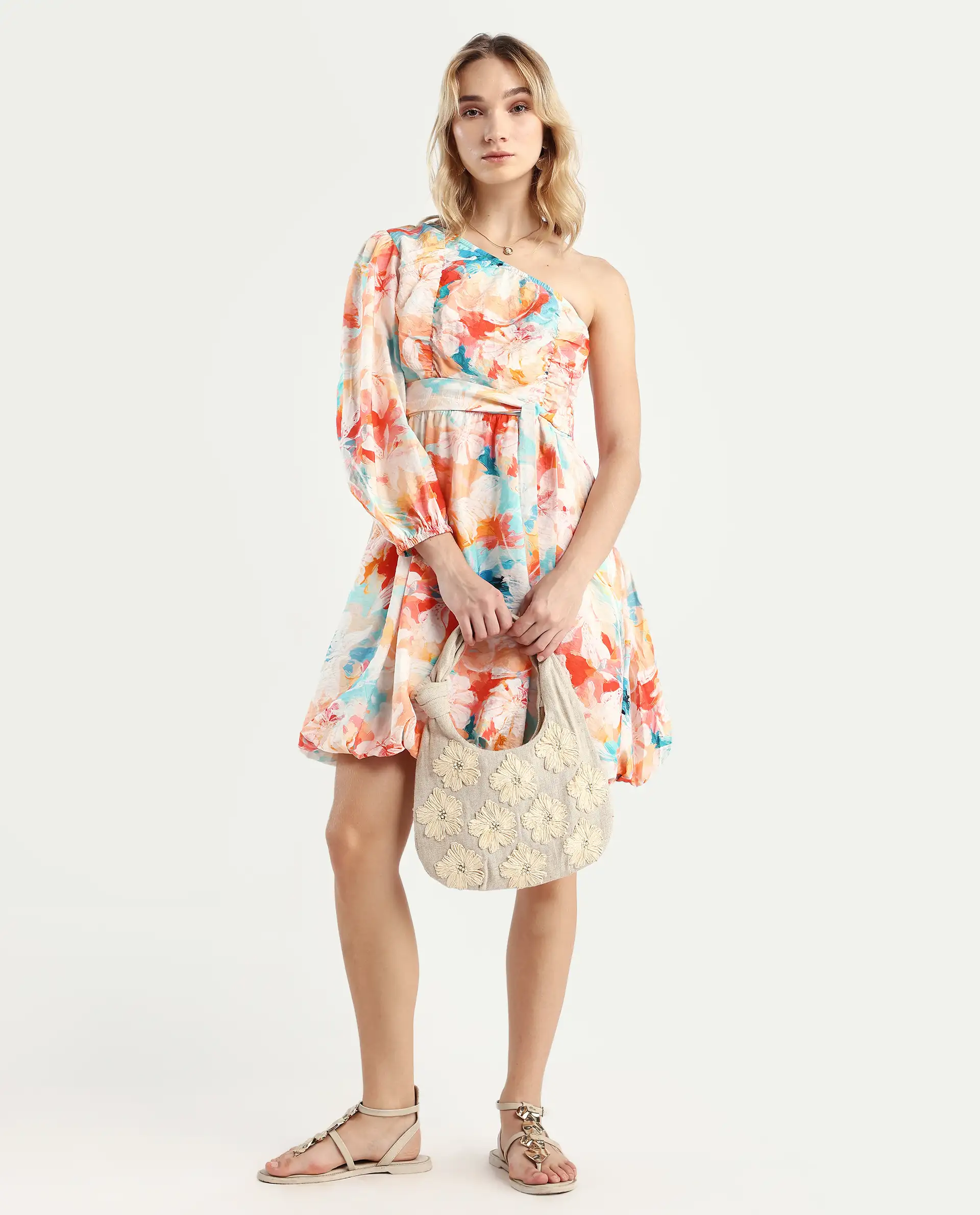 Rareism Women's Carmen Light Multi Nylon Blend One Shoulder Floral Print Bishop Sleeve Mini Fit And Flare Dress - Image 3