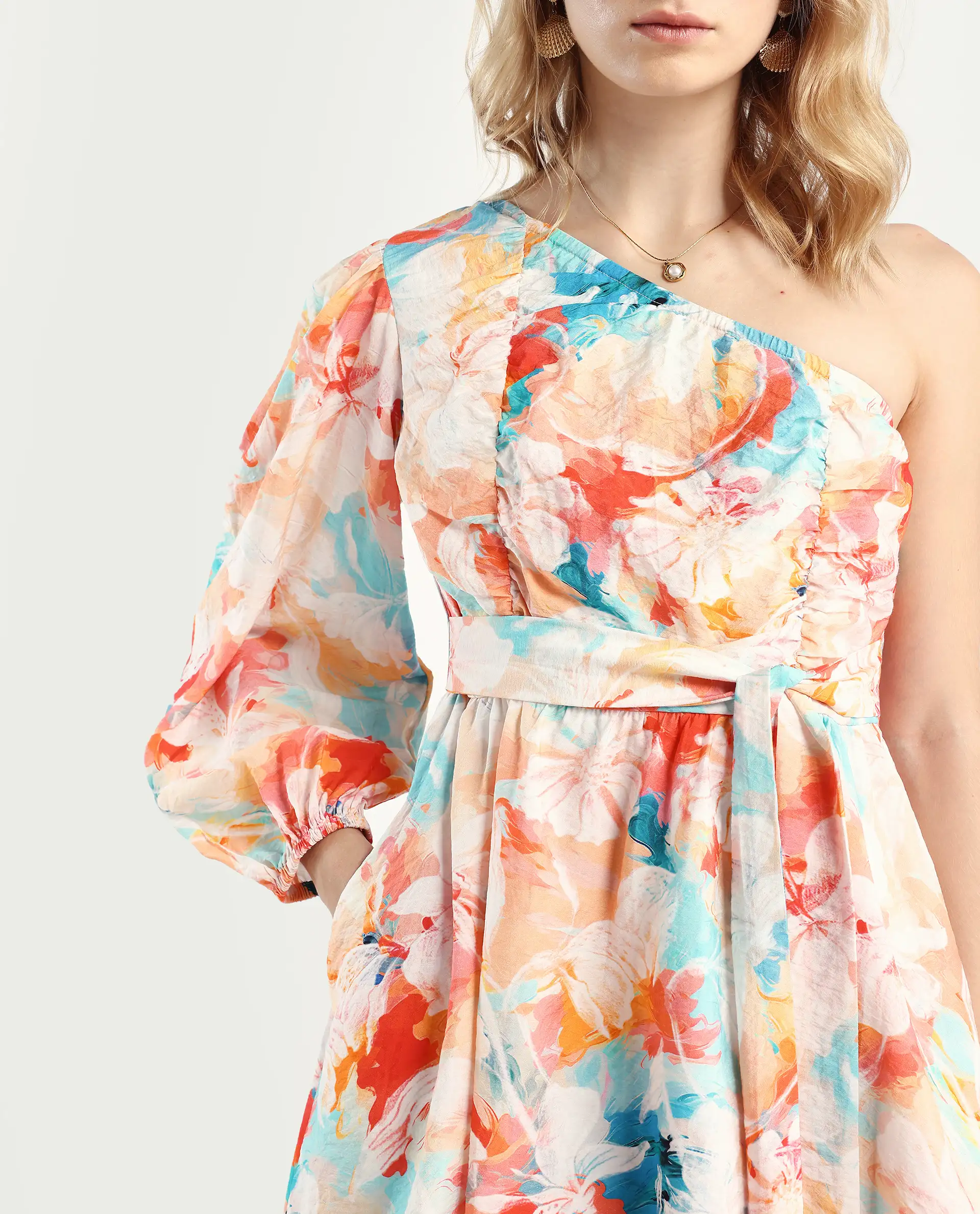 Rareism Women's Carmen Light Multi Nylon Blend One Shoulder Floral Print Bishop Sleeve Mini Fit And Flare Dress - Image 4