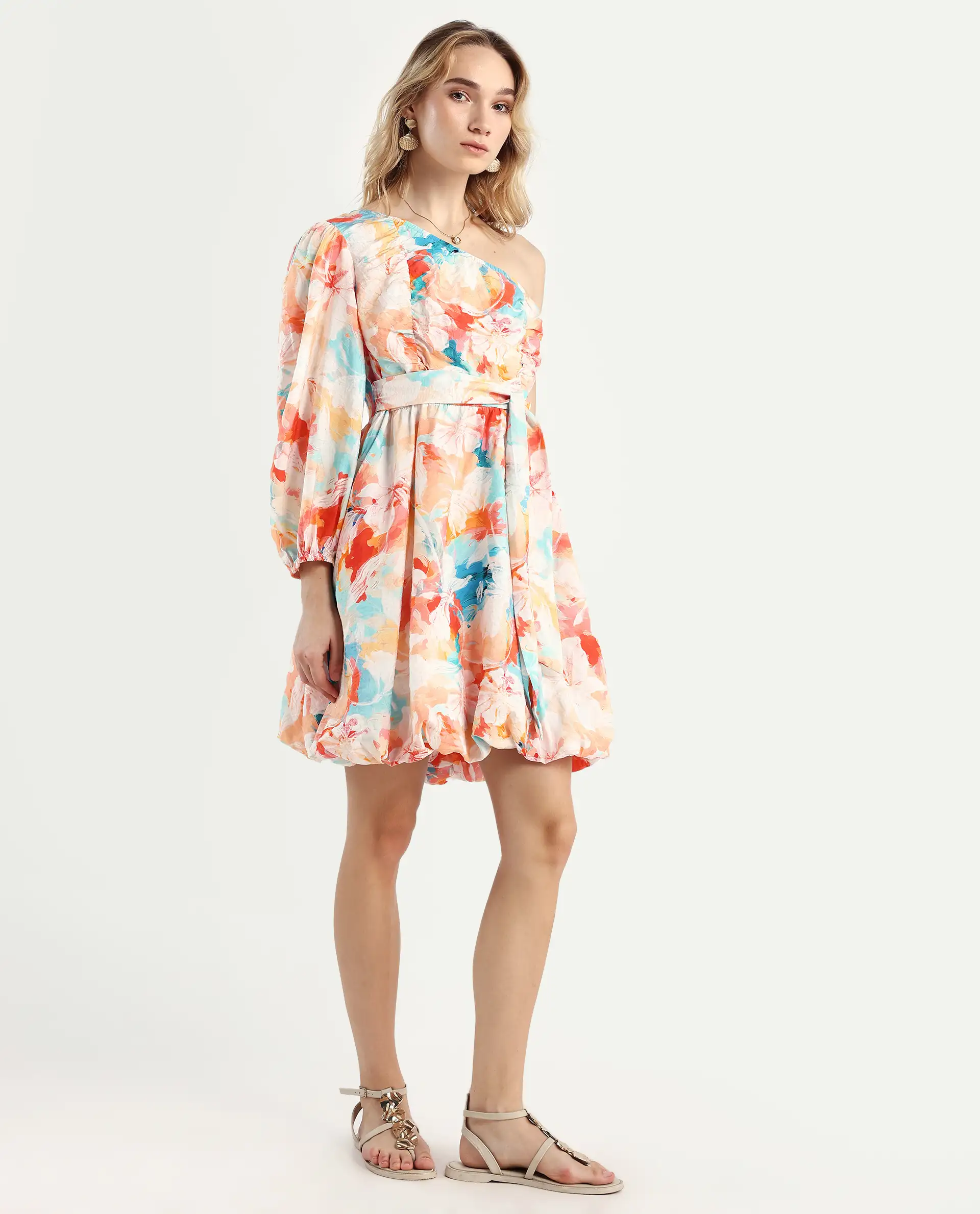 Rareism Women's Carmen Light Multi Nylon Blend One Shoulder Floral Print Bishop Sleeve Mini Fit And Flare Dress - Image 5