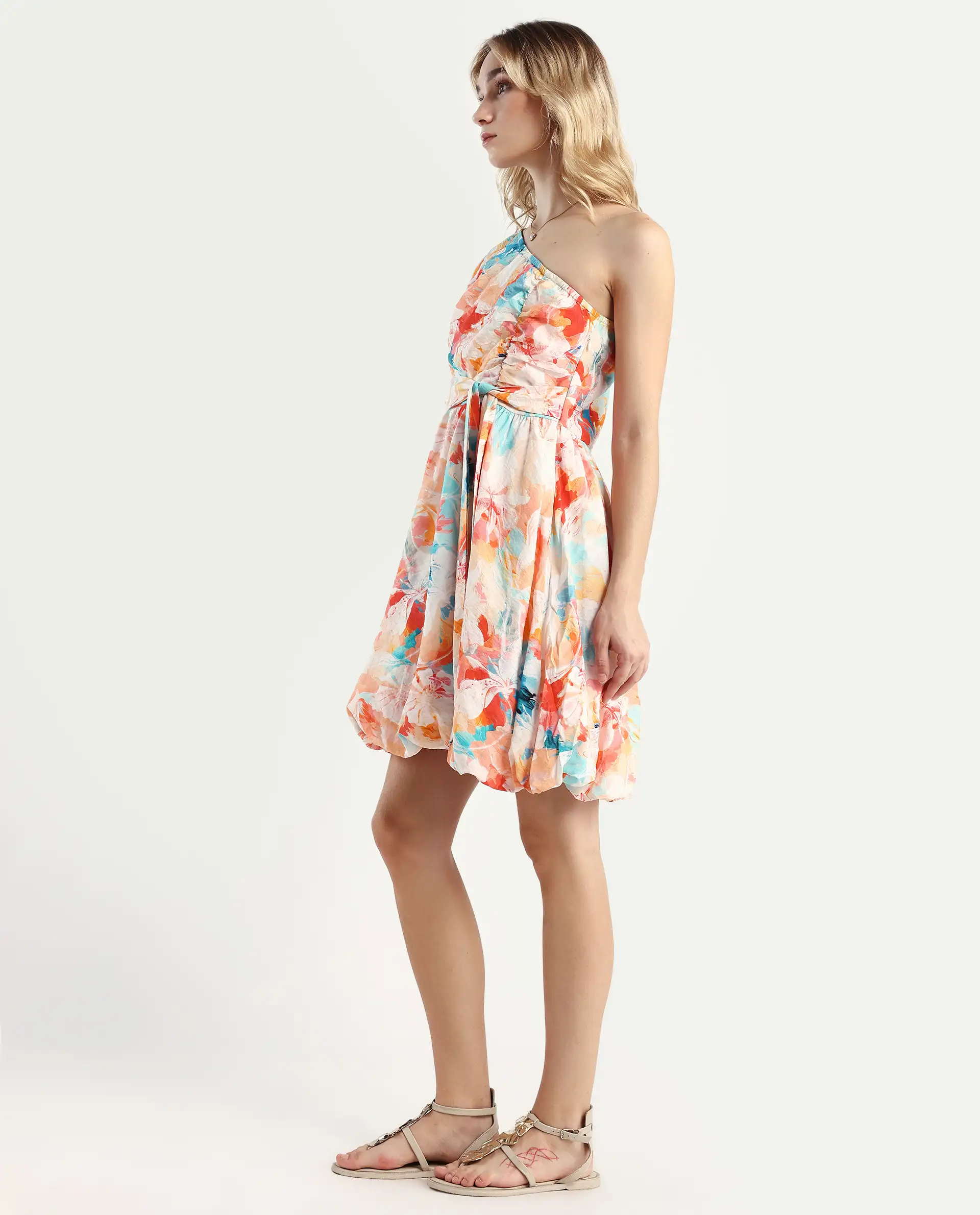 Rareism Women's Carmen Light Multi Nylon Blend One Shoulder Floral Print Bishop Sleeve Mini Fit And Flare Dress - Image 6