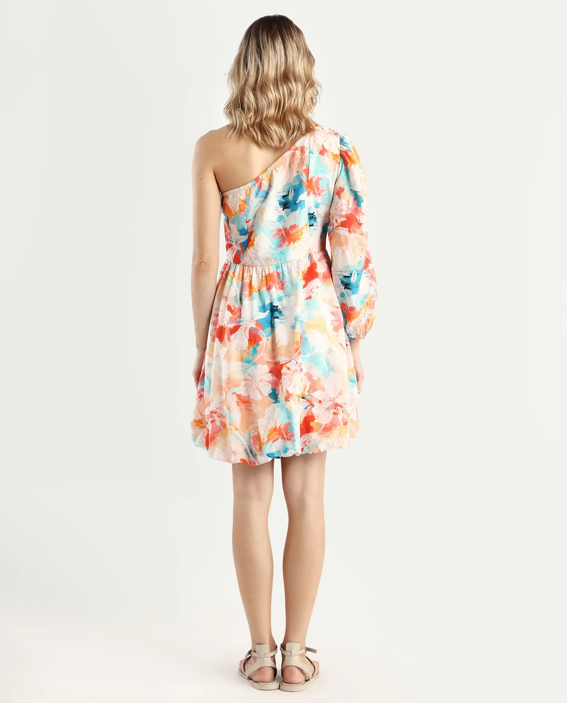 Rareism Women's Carmen Light Multi Nylon Blend One Shoulder Floral Print Bishop Sleeve Mini Fit And Flare Dress - Image 7
