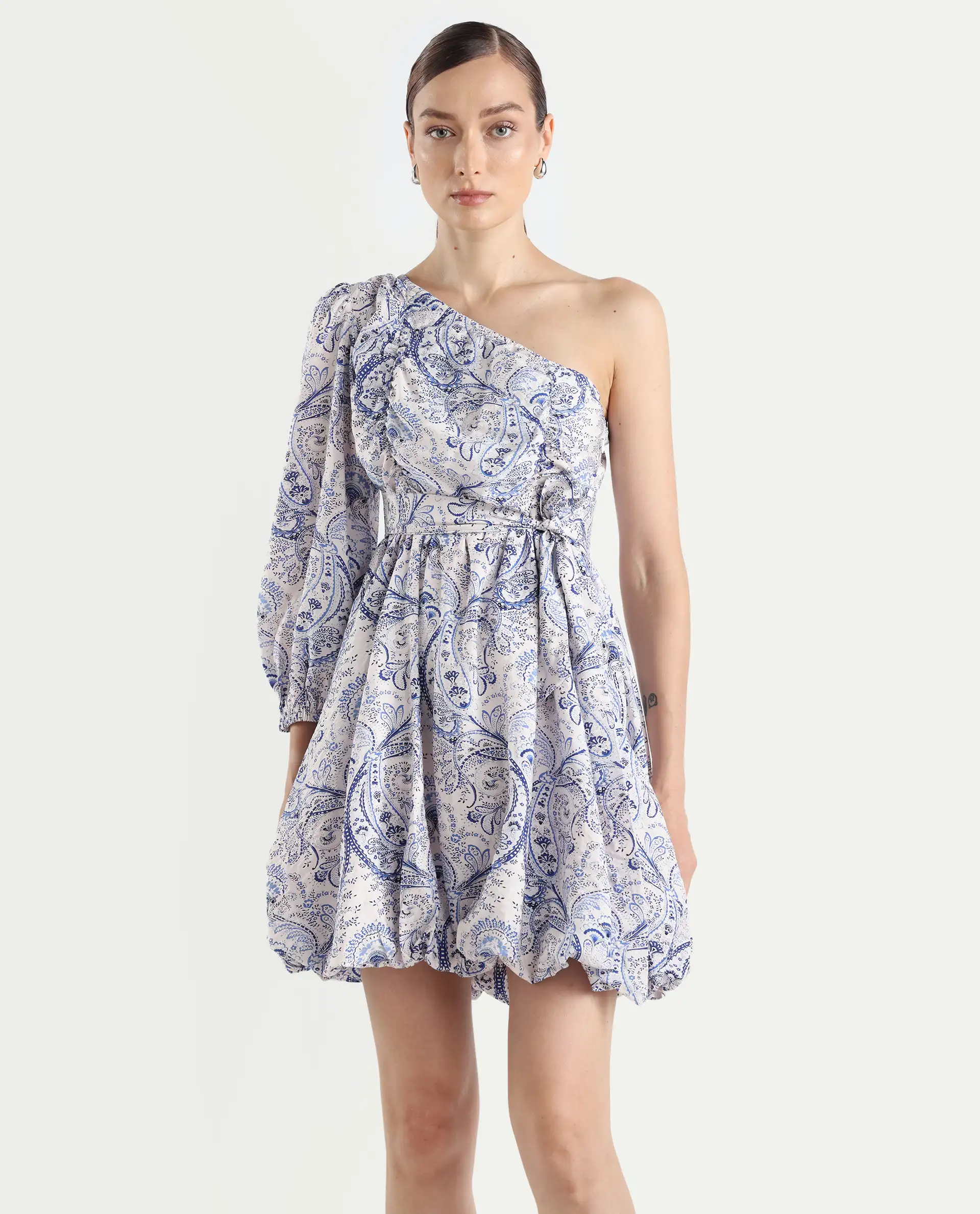 Rareism Women's Carmeno Light Blue Nylon Blend One Shoulder Paisley Print Bishop Sleeve Mini Fit And Flare Dress - Image 2