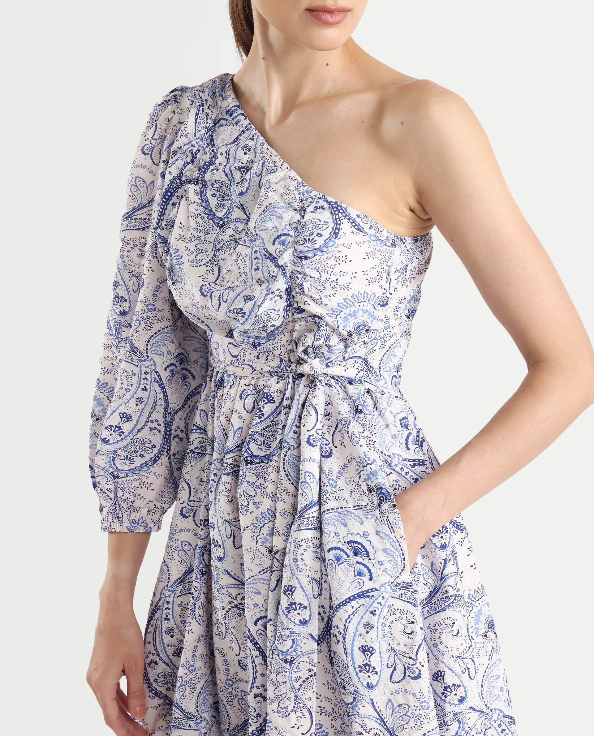 Rareism Women's Carmeno Light Blue Nylon Blend One Shoulder Paisley Print Bishop Sleeve Mini Fit And Flare Dress - Image 4