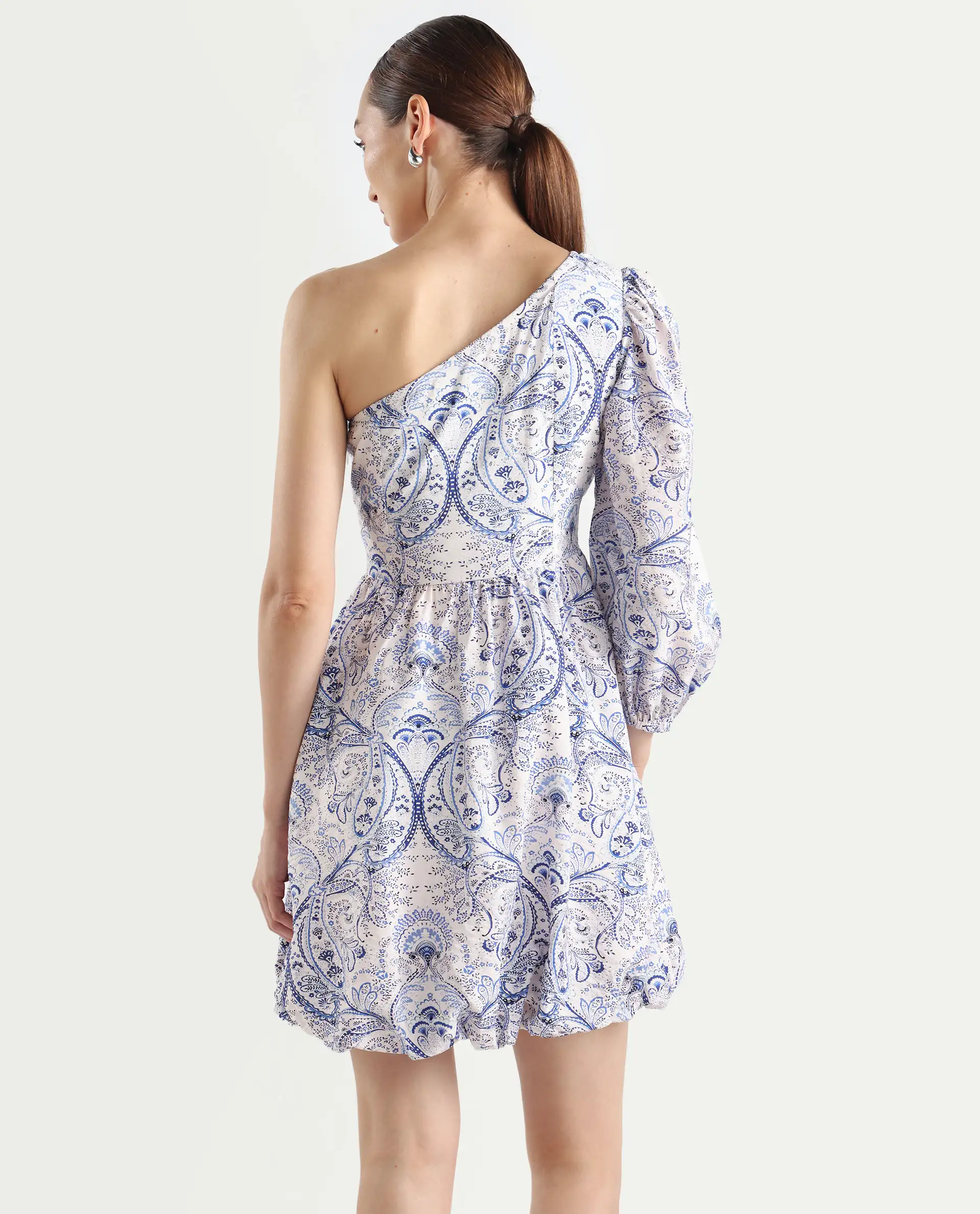 Rareism Women's Carmeno Light Blue Nylon Blend One Shoulder Paisley Print Bishop Sleeve Mini Fit And Flare Dress - Image 7