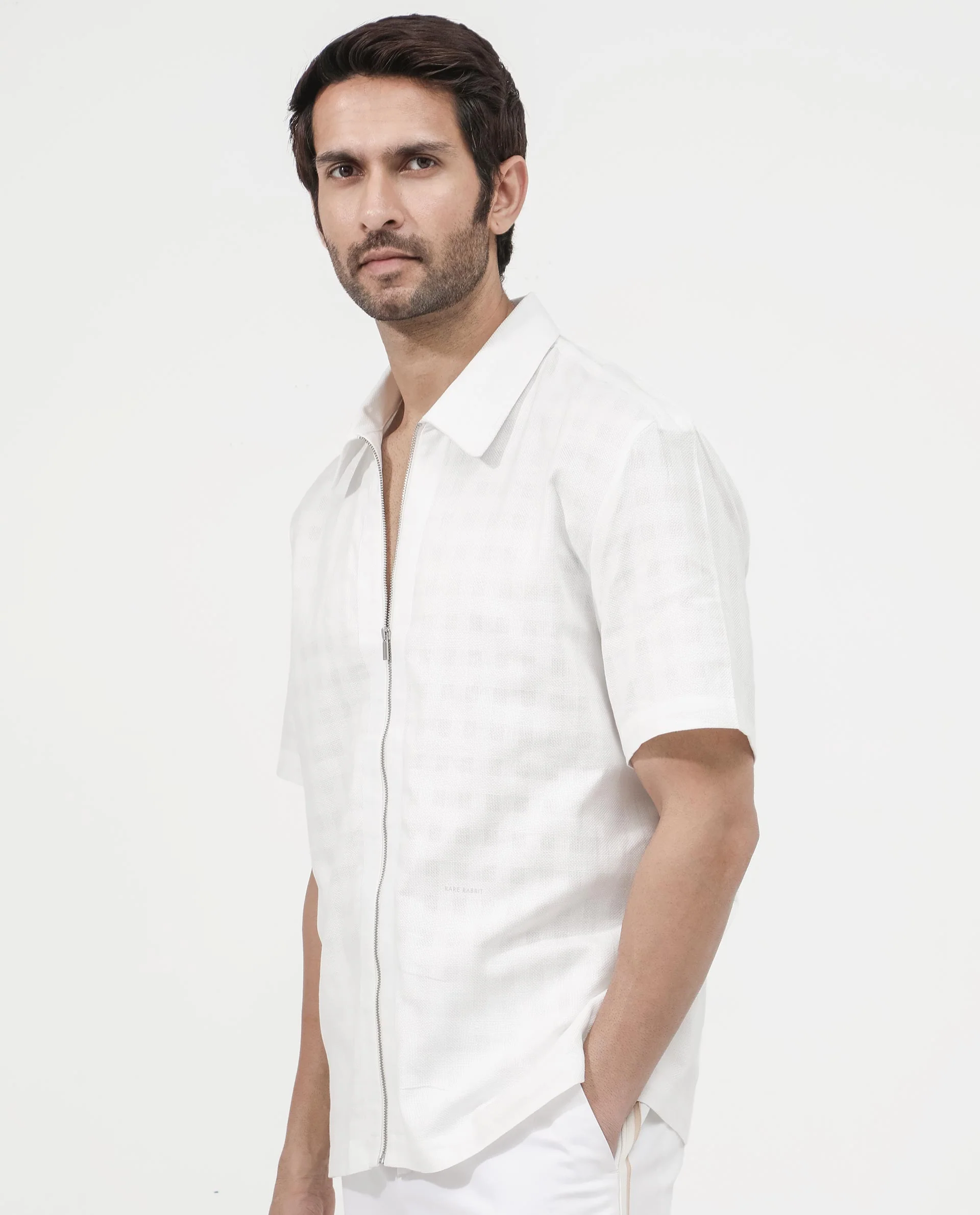Rare Rabbit Men's Carmenz White Cotton Dobby Print Boxy Fit Half Sleeve Collared Shirt - Image 7