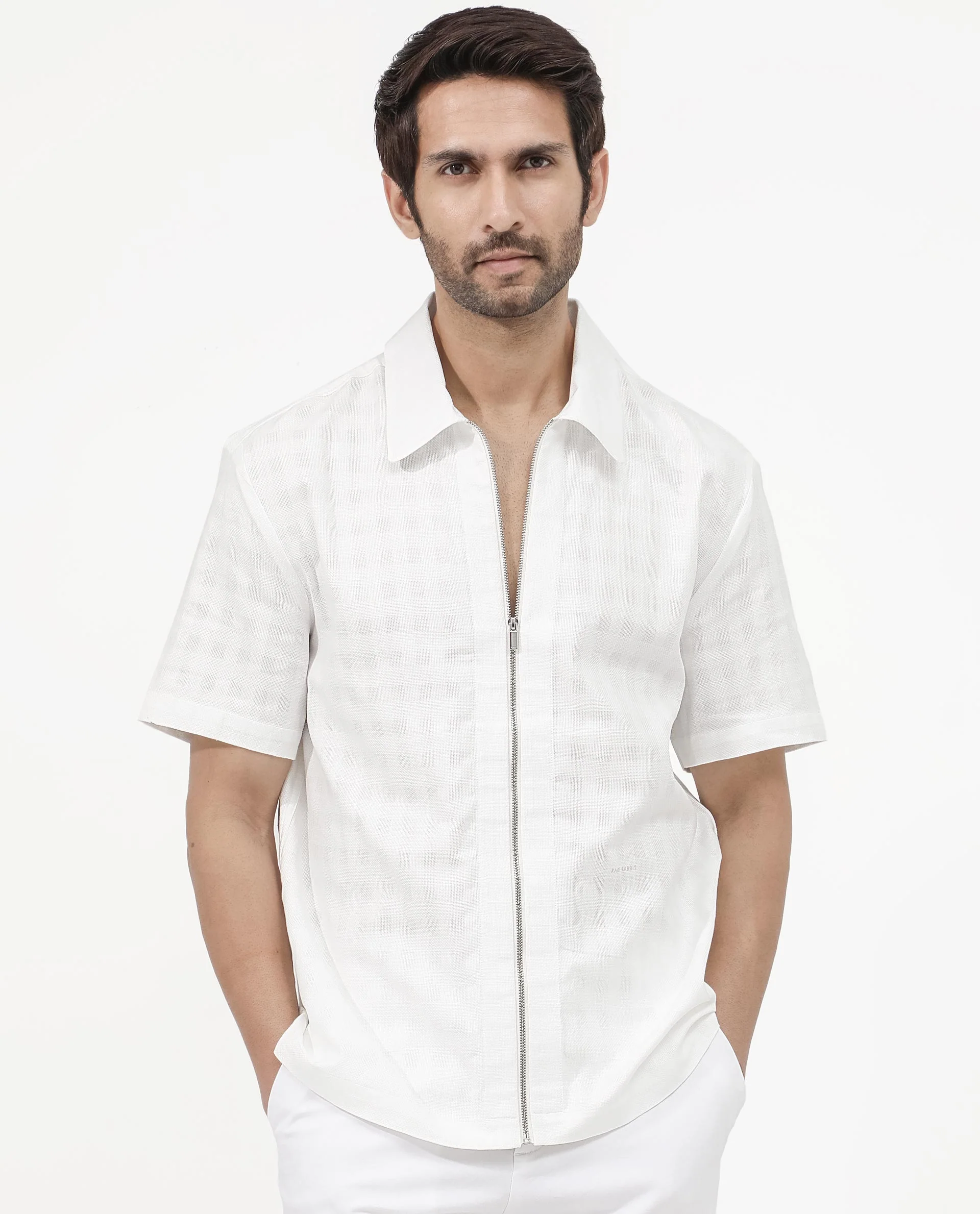 Rare Rabbit Men's Carmenz White Cotton Dobby Print Boxy Fit Half Sleeve Collared Shirt - Image 8