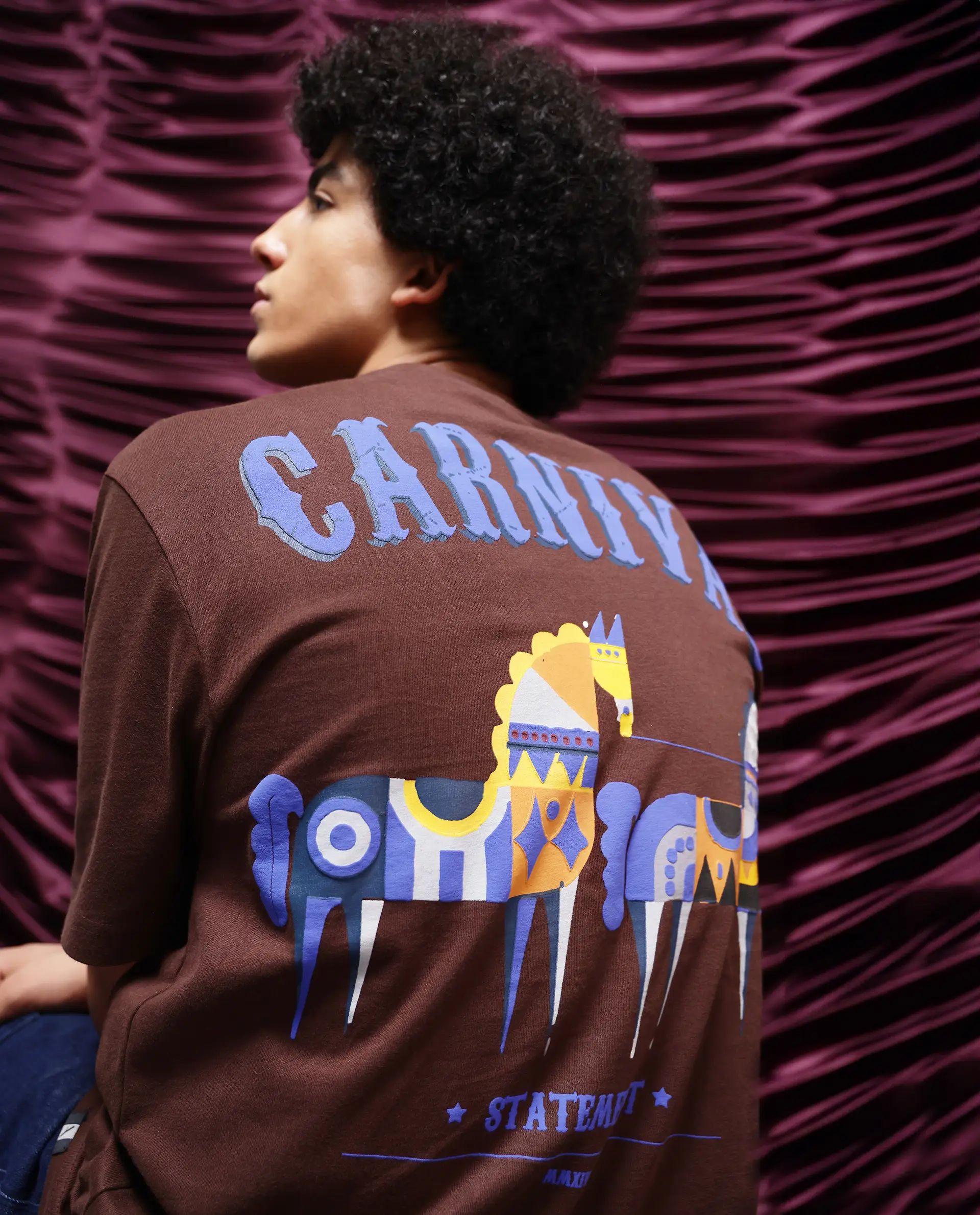 Rare Rabbit Men's Carn Brown Cotton Graphic Print Oversized Fit Half Sleeve Crew Neck T-Shirt - Image 3