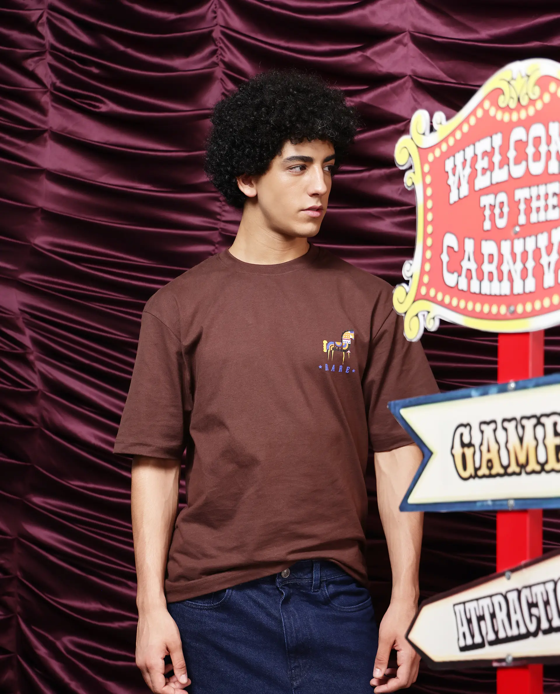 Rare Rabbit Men's Carn Brown Cotton Graphic Print Oversized Fit Half Sleeve Crew Neck T-Shirt - Image 4