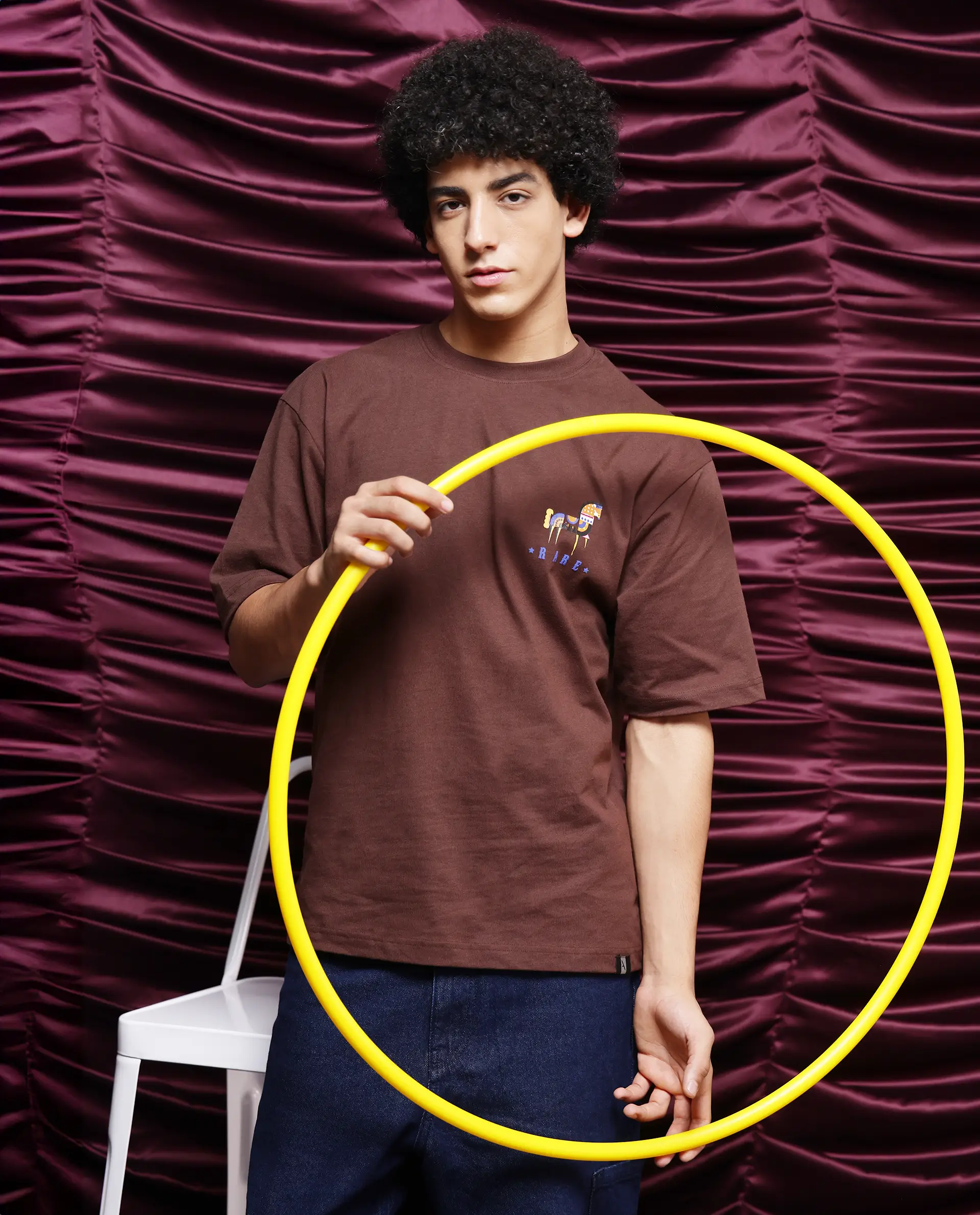 Rare Rabbit Men's Carn Brown Cotton Graphic Print Oversized Fit Half Sleeve Crew Neck T-Shirt - Image 6