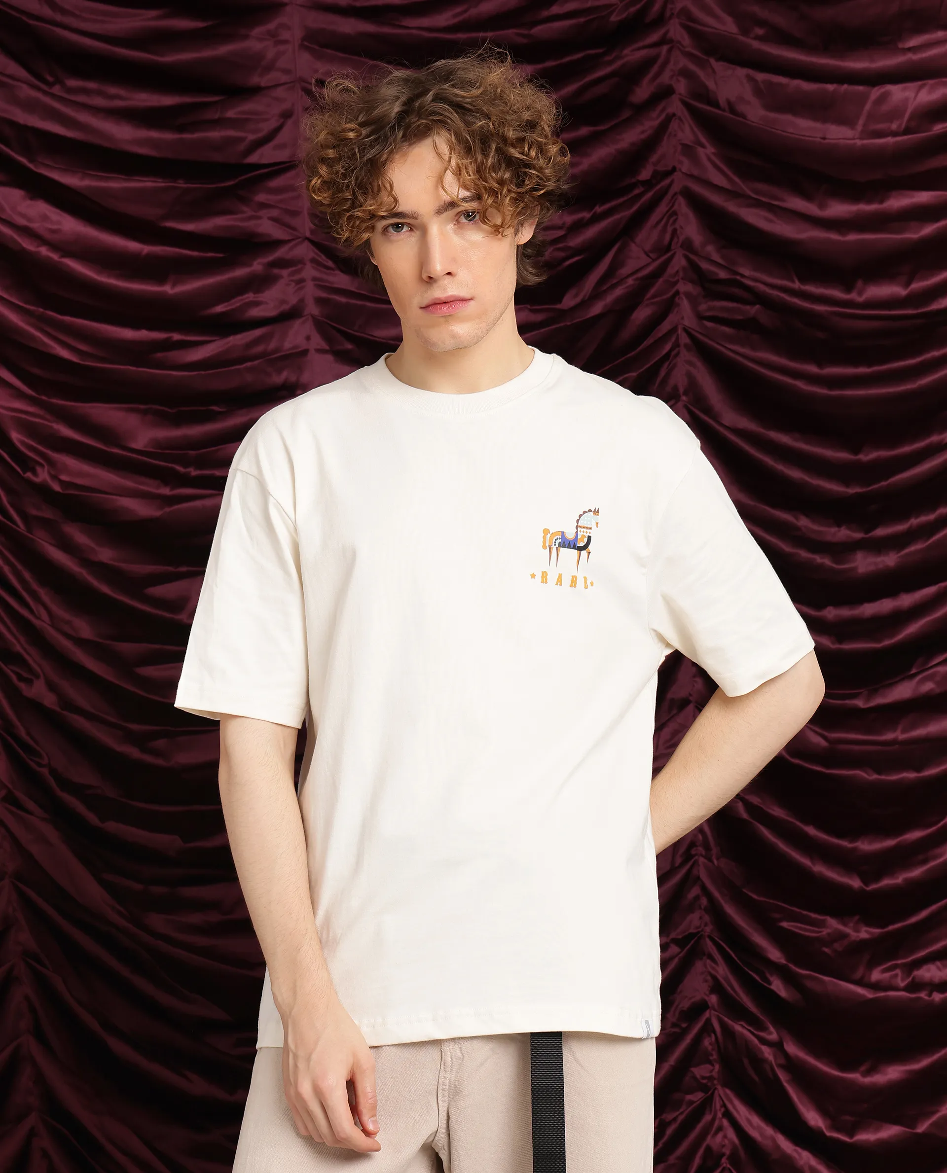 Rare Rabbit Men's Carn Off White Cotton Graphic Print Oversized Fit Half Sleeve Crew Neck T-Shirt - Image 8