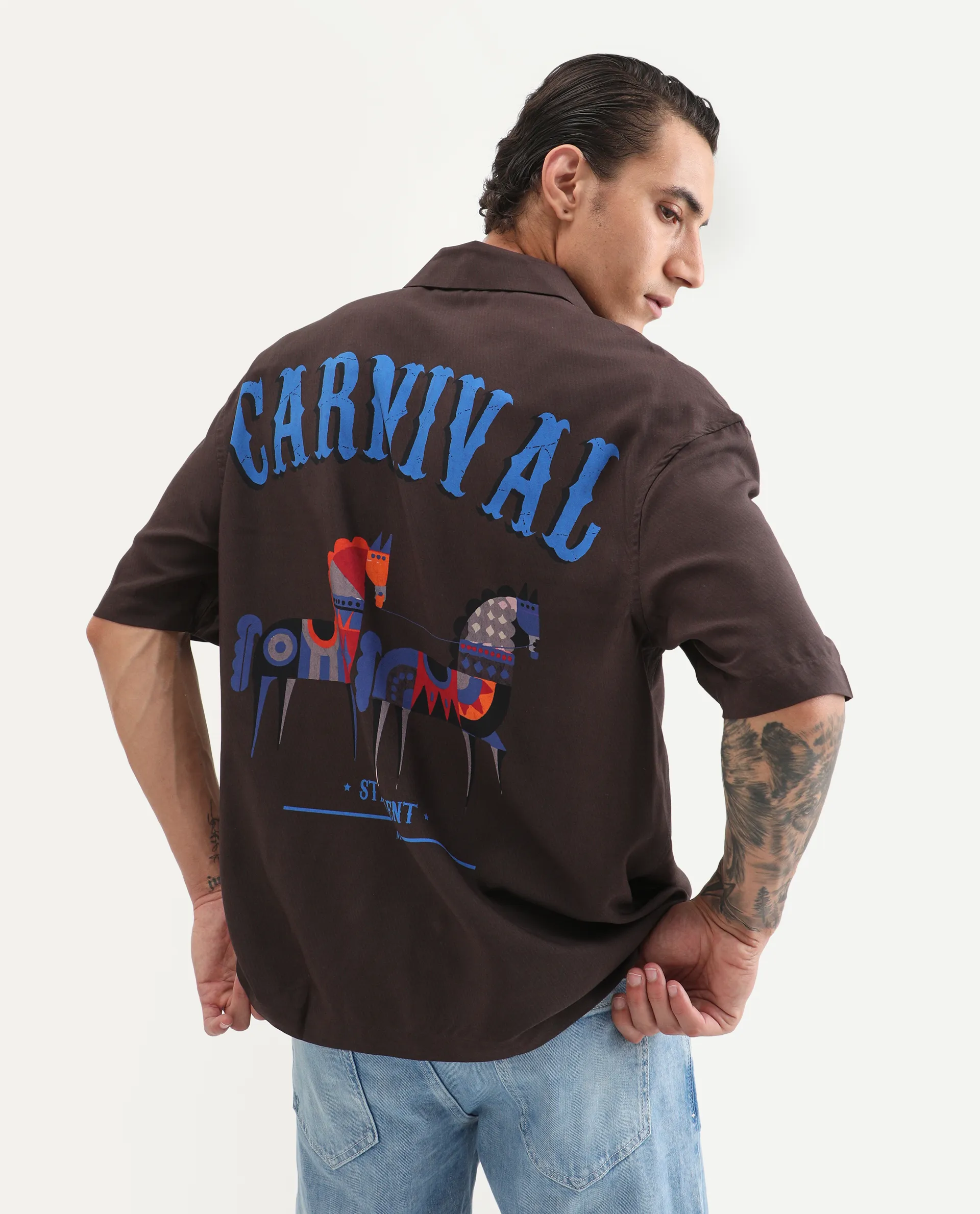 Rare Rabbit Men's Carn-S Brown Cotton Fabric Short Sleeve Collared Neck Button Closure Graphic Print Shirt - Image 3