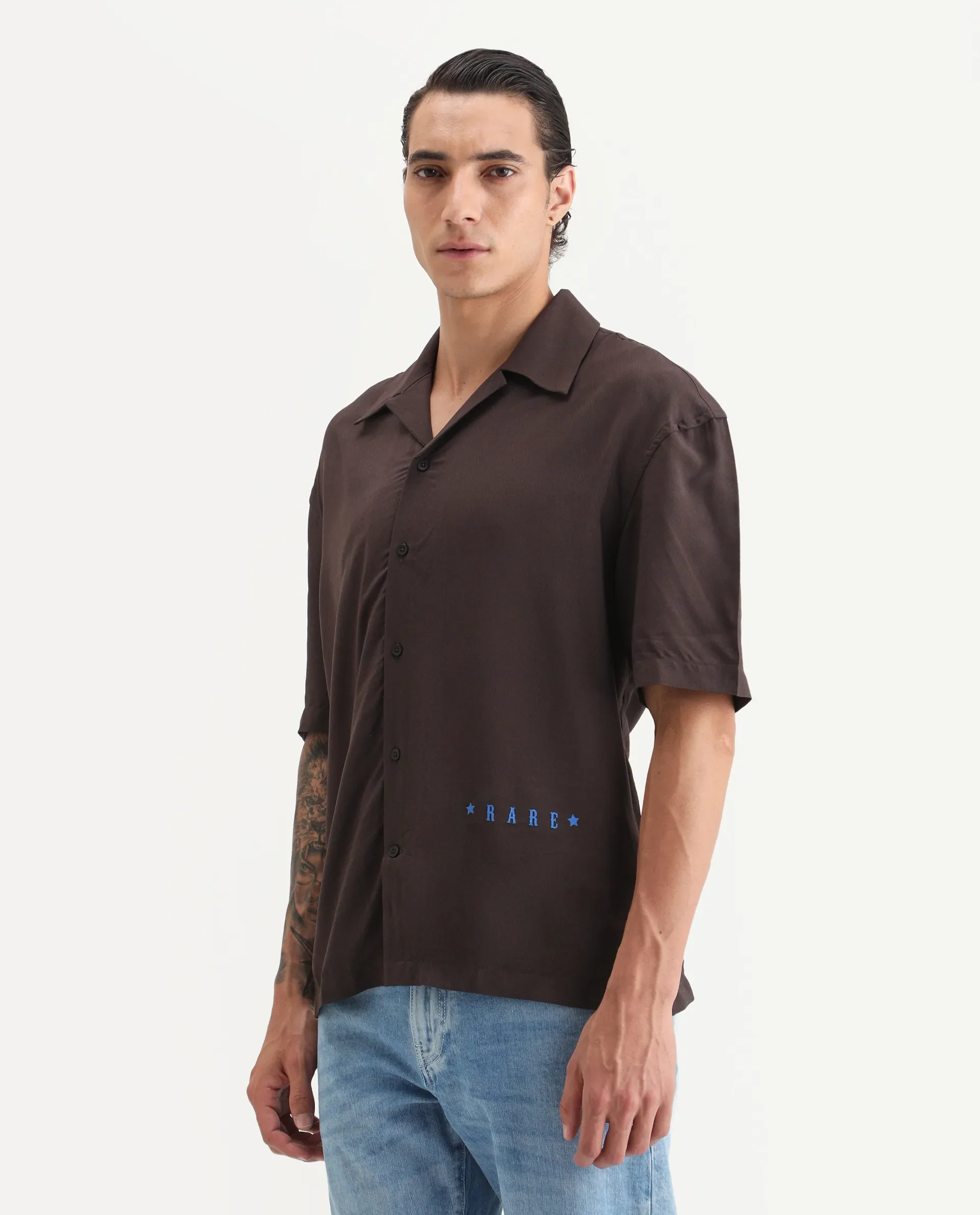 Rare Rabbit Men's Carn-S Brown Cotton Fabric Short Sleeve Collared Neck Button Closure Graphic Print Shirt - Image 4