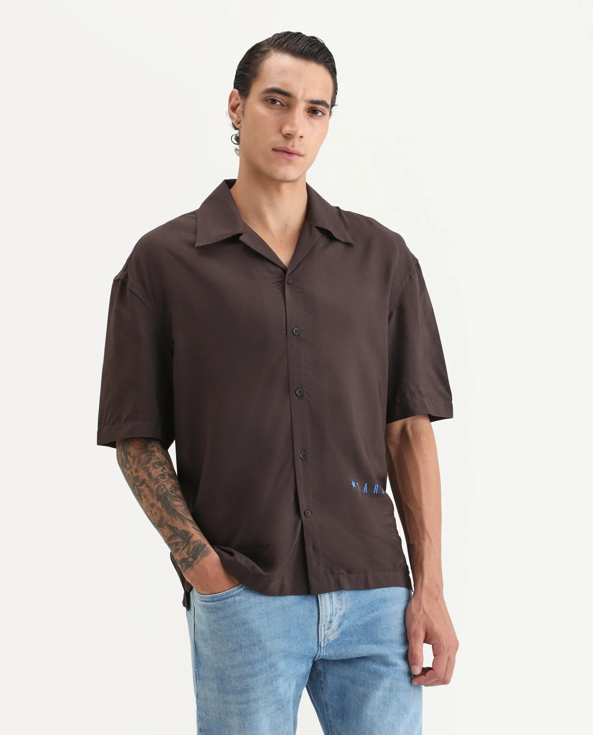 Rare Rabbit Men's Carn-S Brown Cotton Fabric Short Sleeve Collared Neck Button Closure Graphic Print Shirt - Image 5