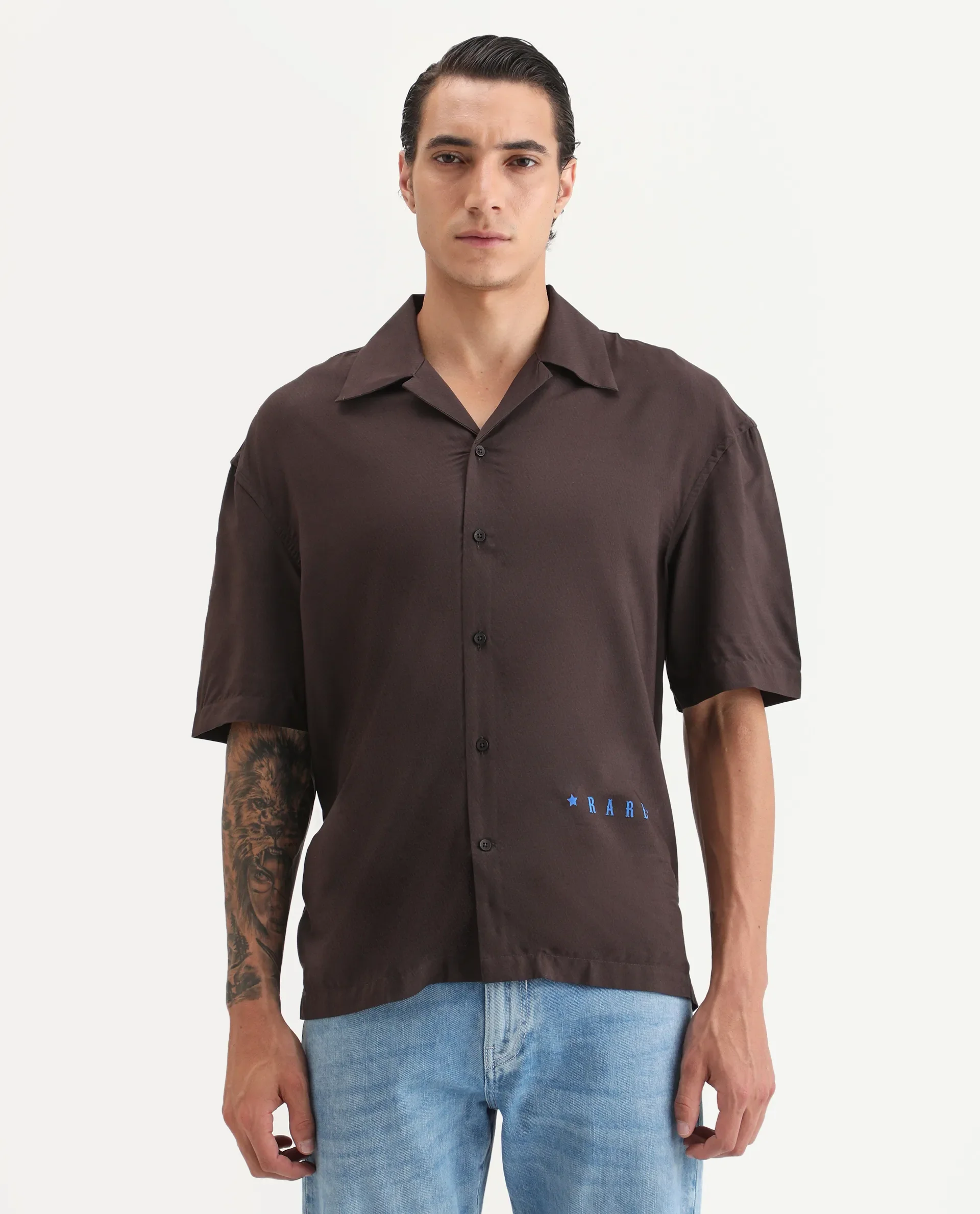Rare Rabbit Men's Carn-S Brown Cotton Fabric Short Sleeve Collared Neck Button Closure Graphic Print Shirt - Image 6