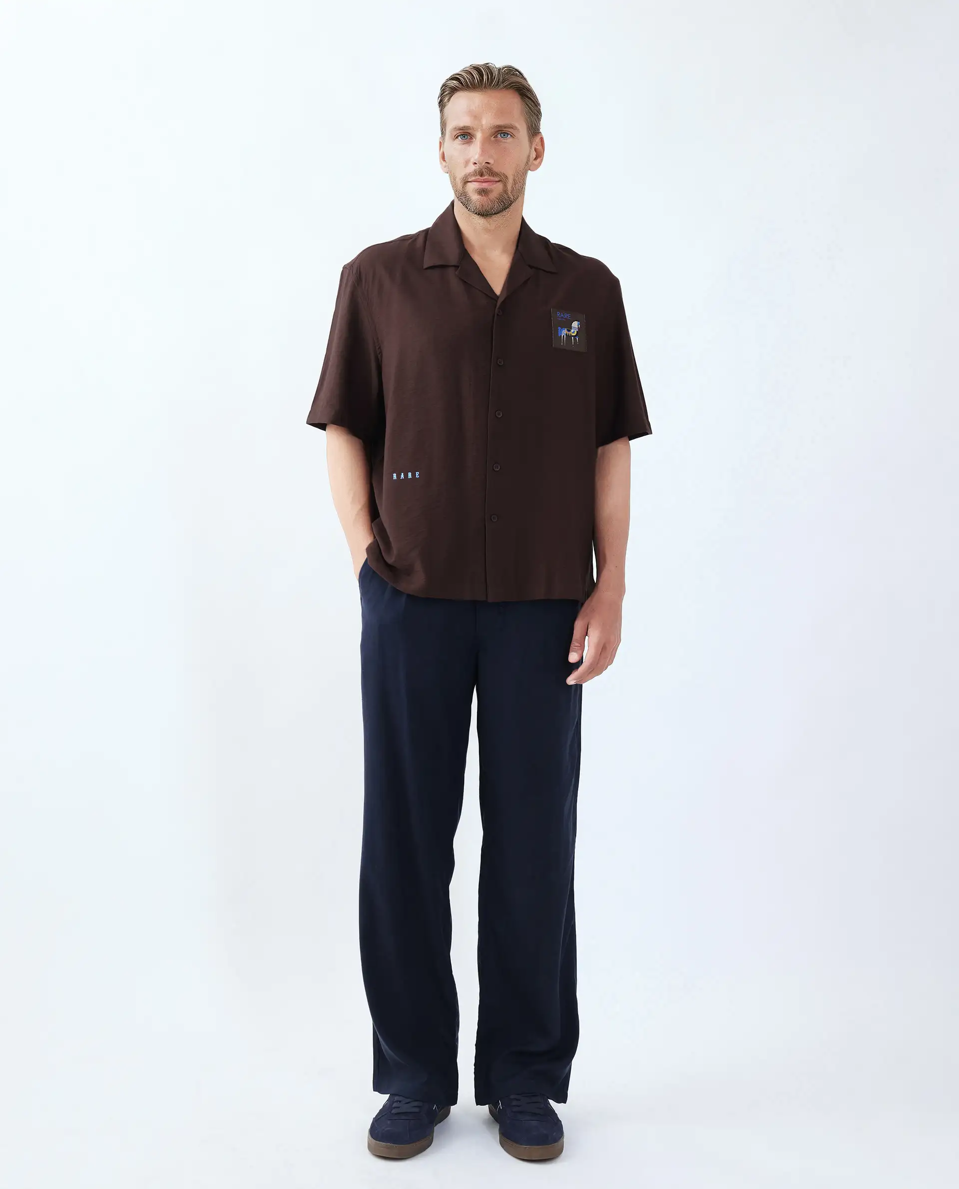 Rare Rabbit Men's Carned Brown Cotton Label Print Boxy Fit Half Sleeve Cuban Collar Shirt - Image 2