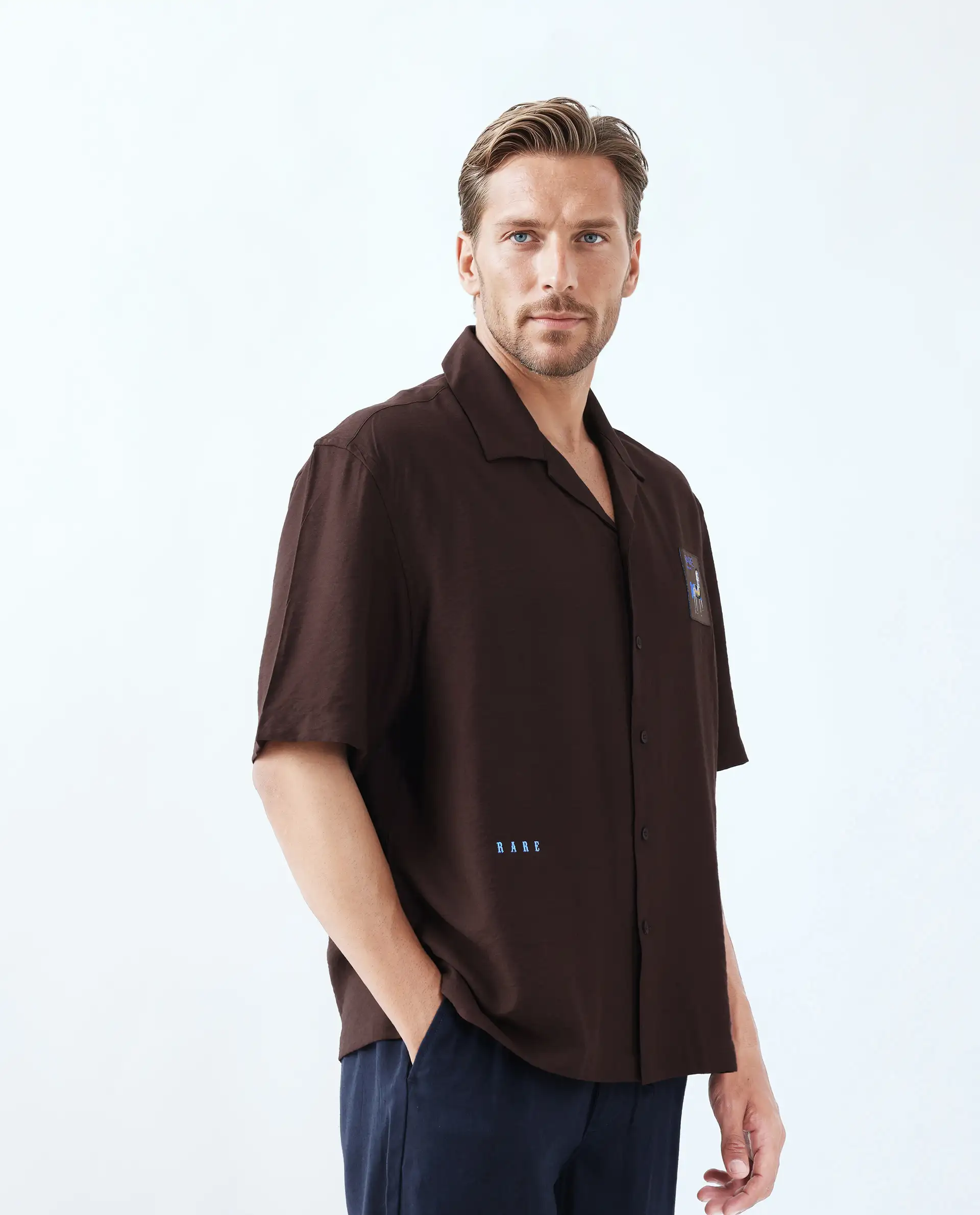 Rare Rabbit Men's Carned Brown Cotton Label Print Boxy Fit Half Sleeve Cuban Collar Shirt - Image 4