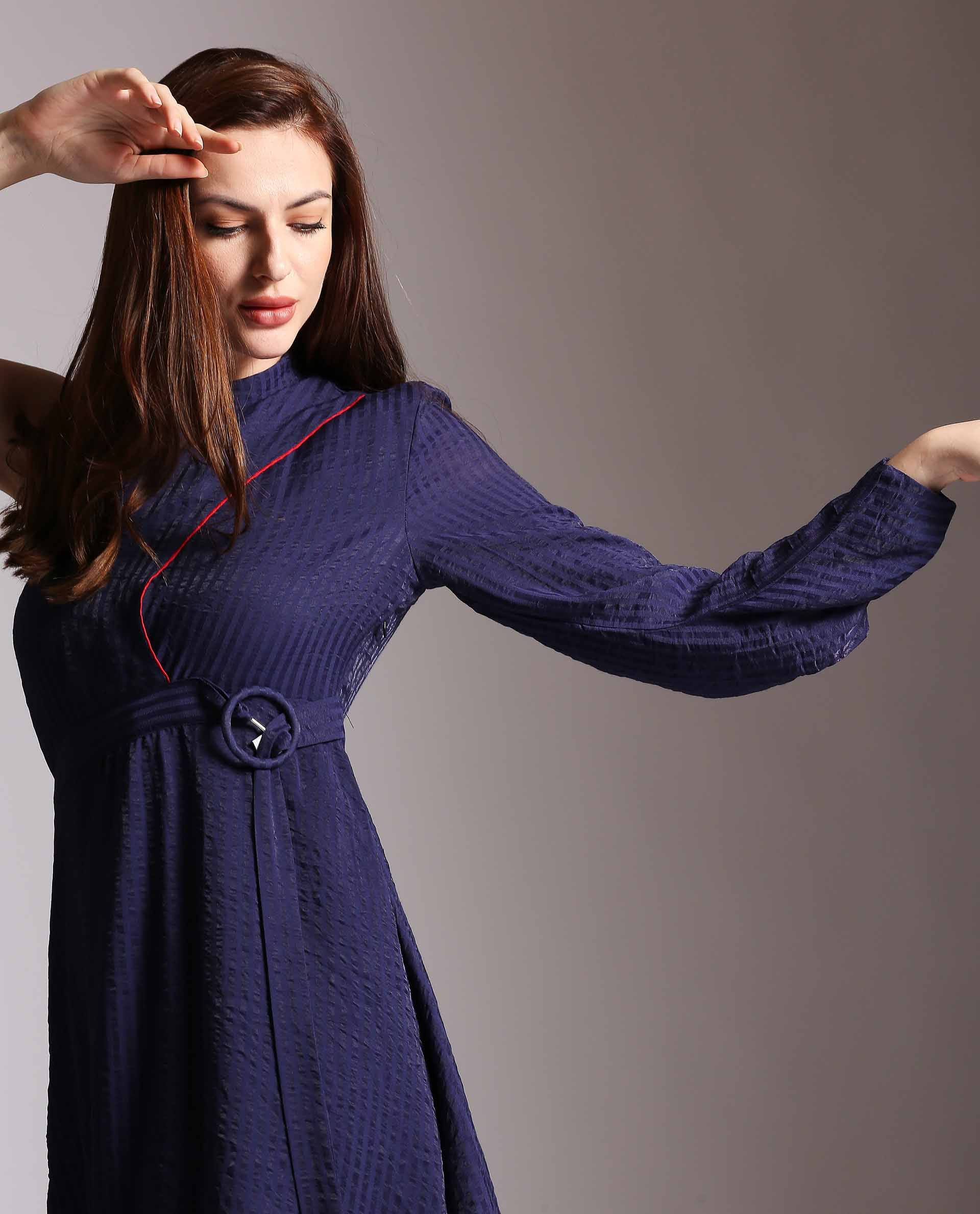 Rareism Women's Carnival Navy Tube Neck Plain Knee Length Regular Fit Dress - Image 2