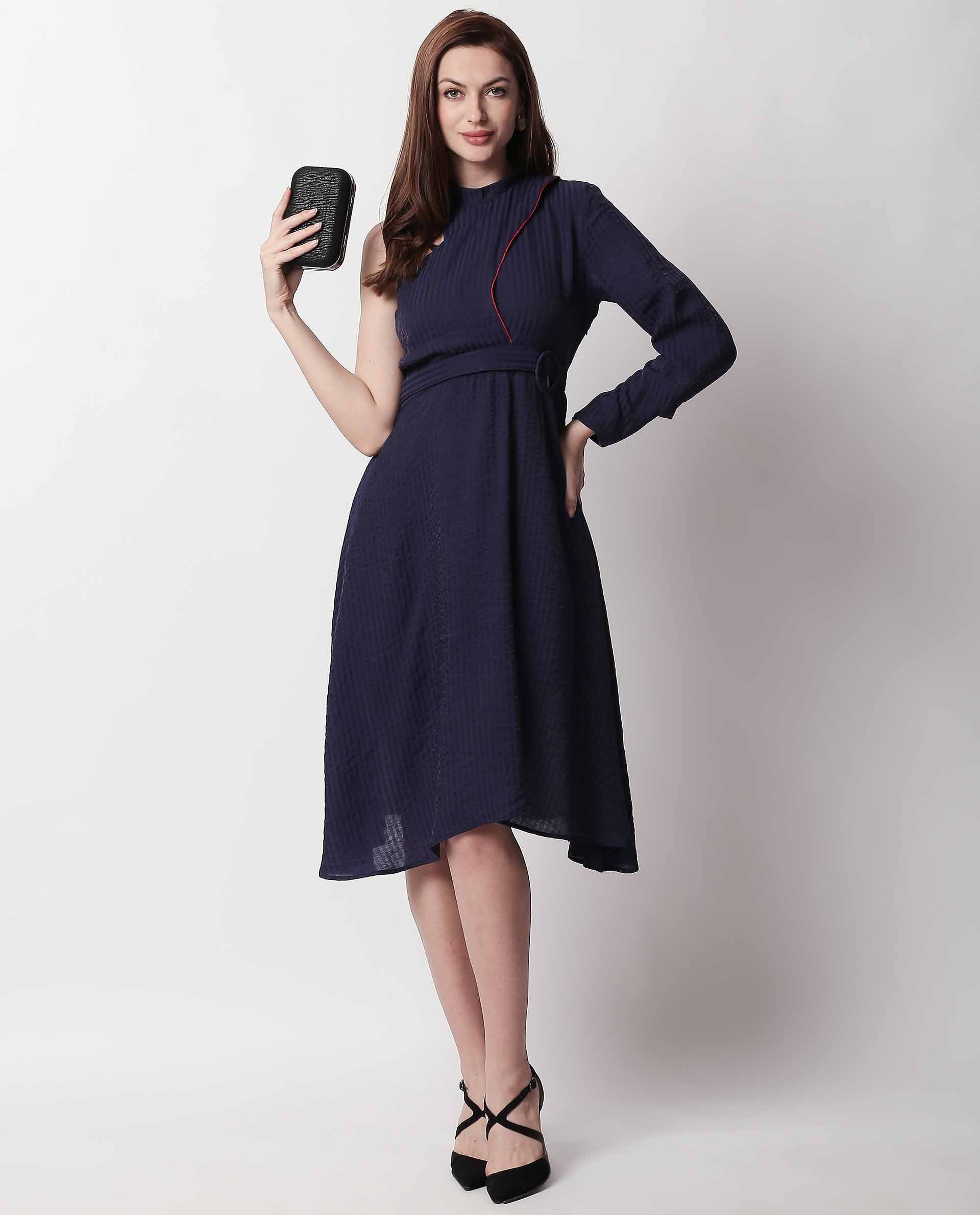Rareism Women's Carnival Navy Tube Neck Plain Knee Length Regular Fit Dress - Image 3